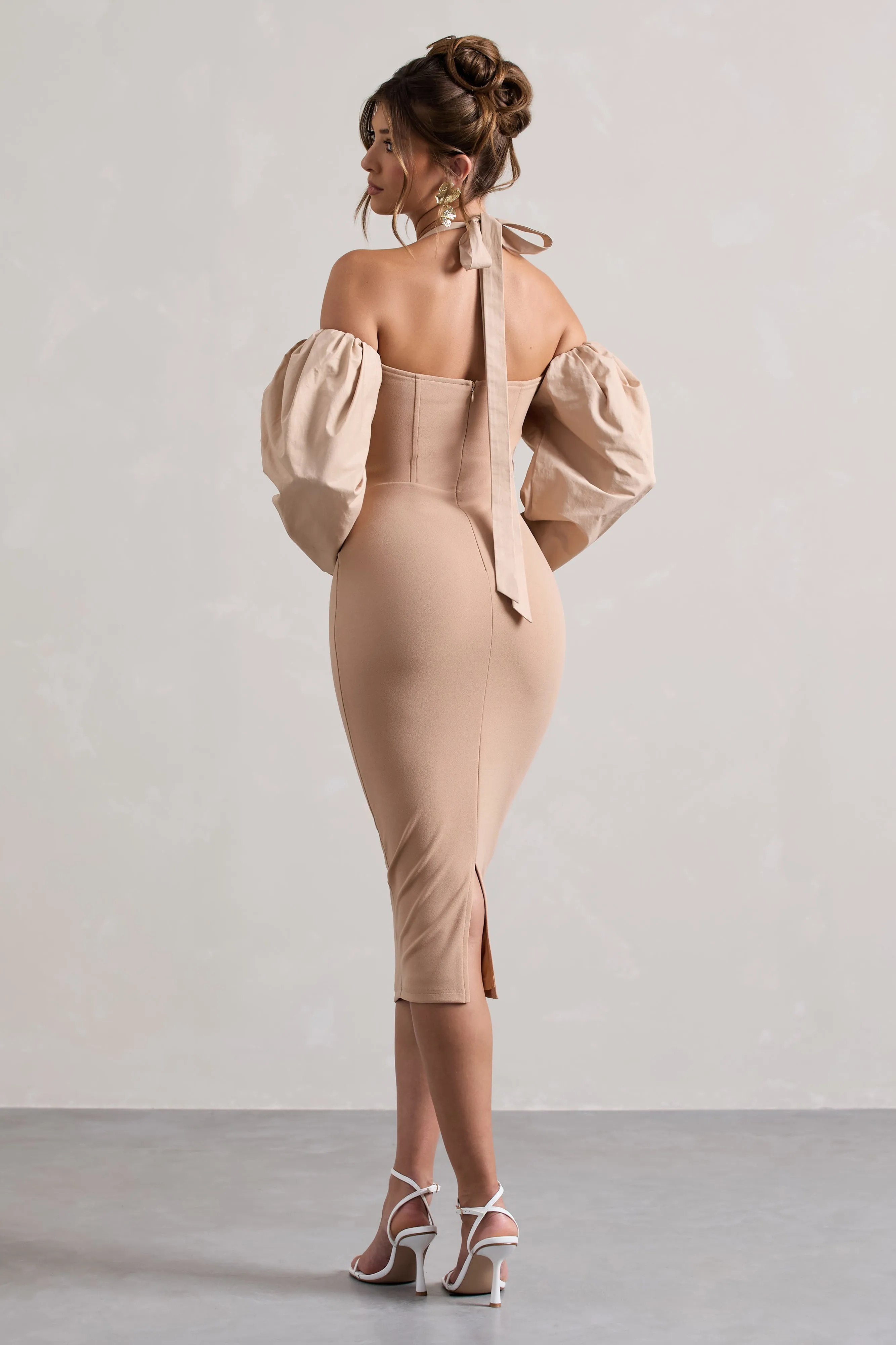 Couture Client | Champagne Halter-Neck Puff Sleeve Midi Dress Club L London