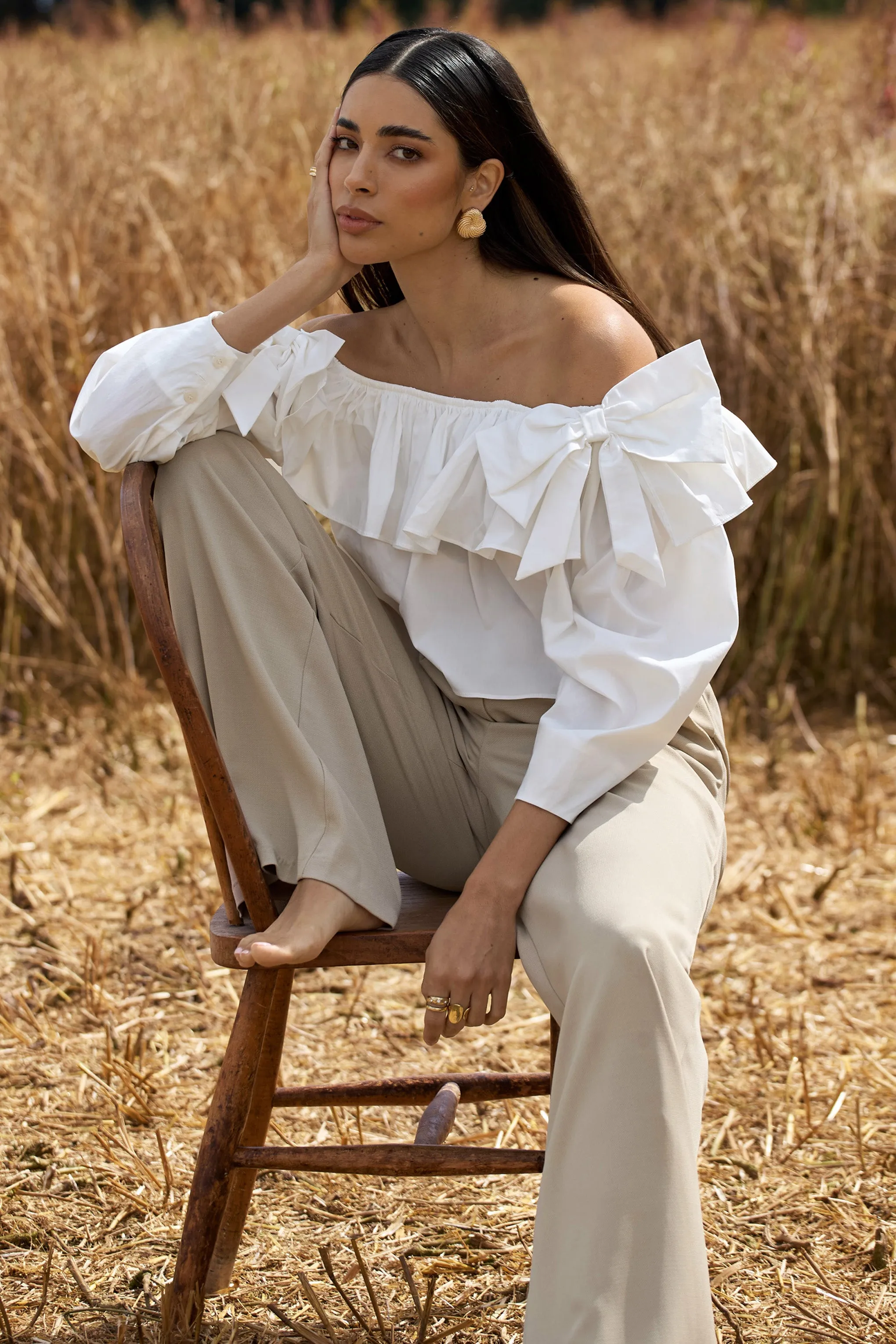 Cove | White Bardot Puff-Sleeve Ruffle Top With Bows Club L London