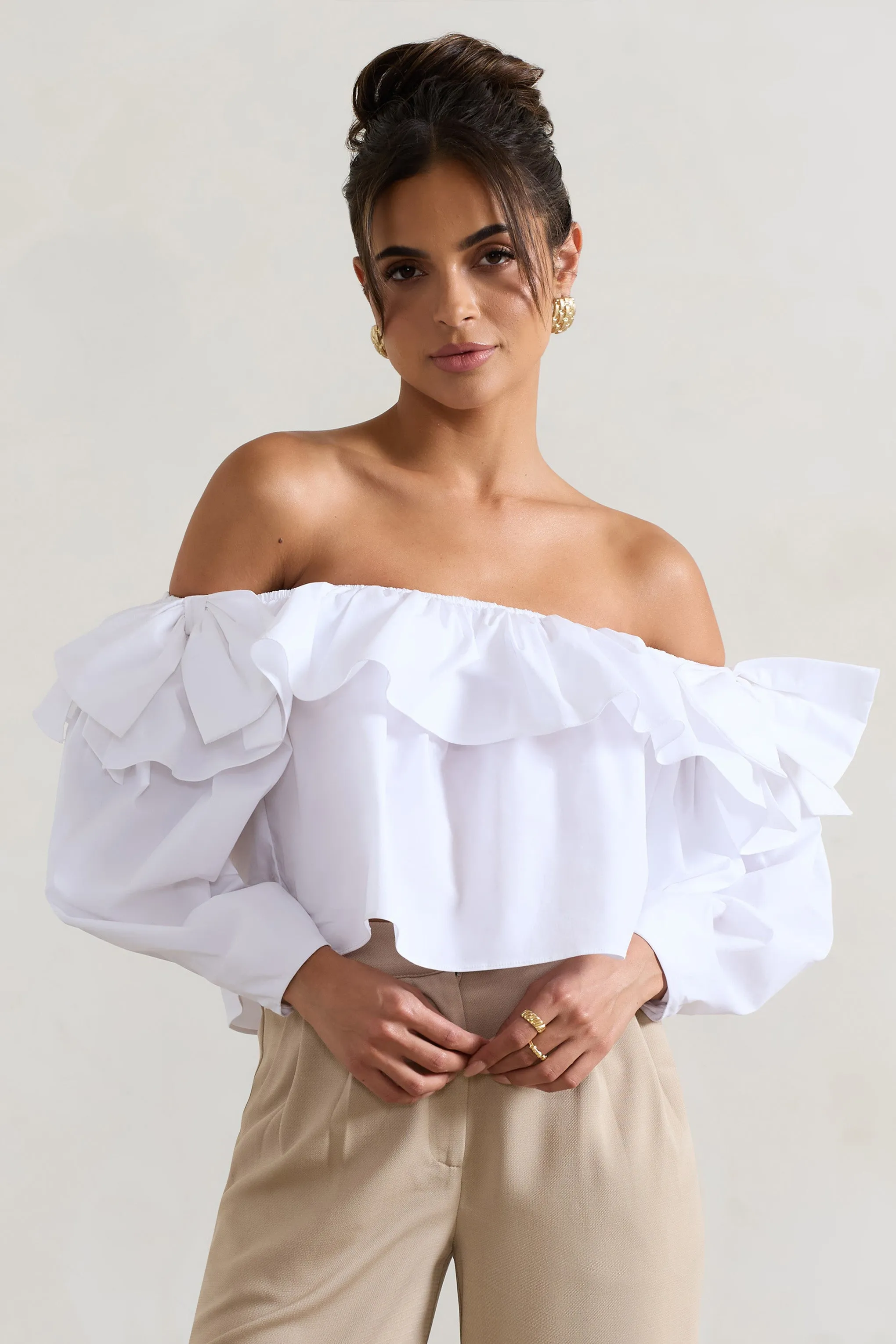 Cove | White Bardot Puff-Sleeve Ruffle Top With Bows Club L London
