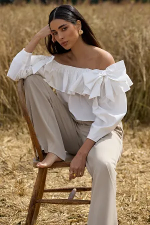 Cove | White Bardot Puff-Sleeve Ruffle Top With Bows Club L London