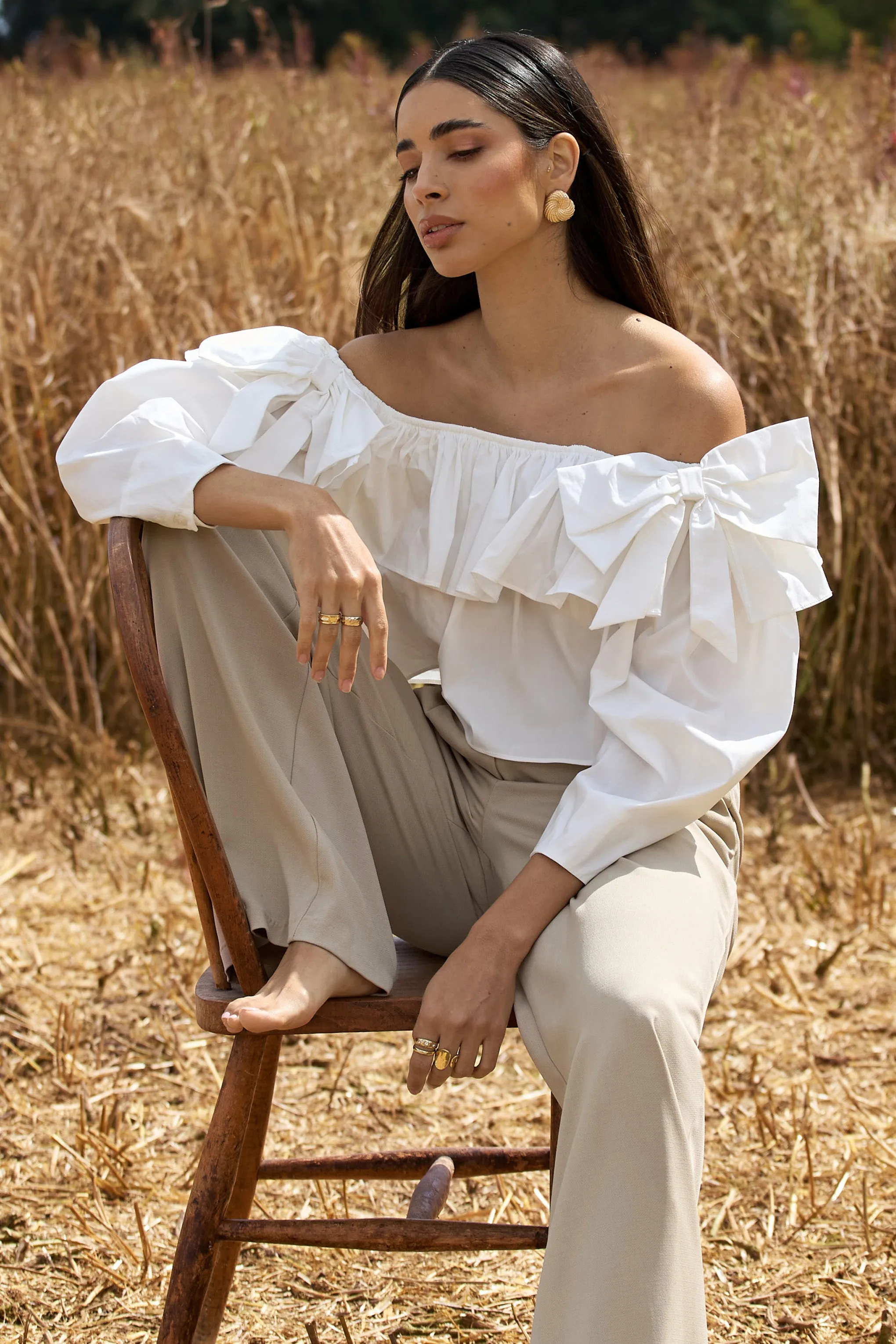 Cove | White Bardot Puff-Sleeve Ruffle Top With Bows Club L London