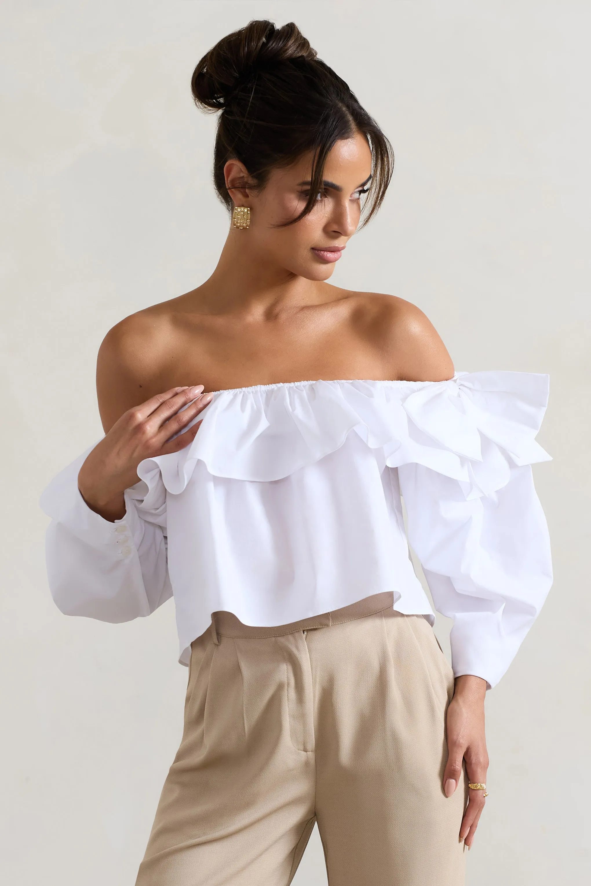 Cove | White Bardot Puff-Sleeve Ruffle Top With Bows Club L London