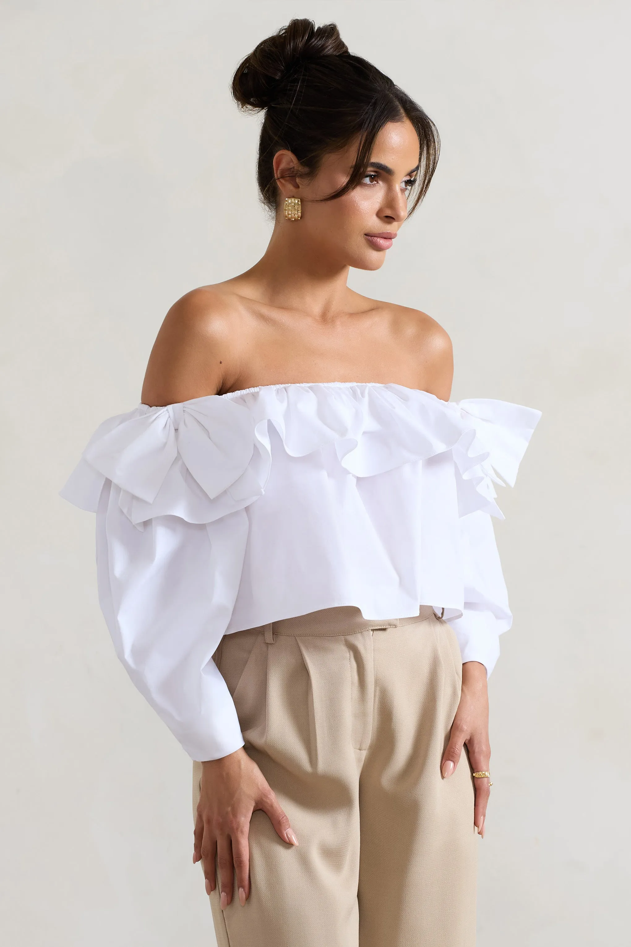 Cove | White Bardot Puff-Sleeve Ruffle Top With Bows Club L London