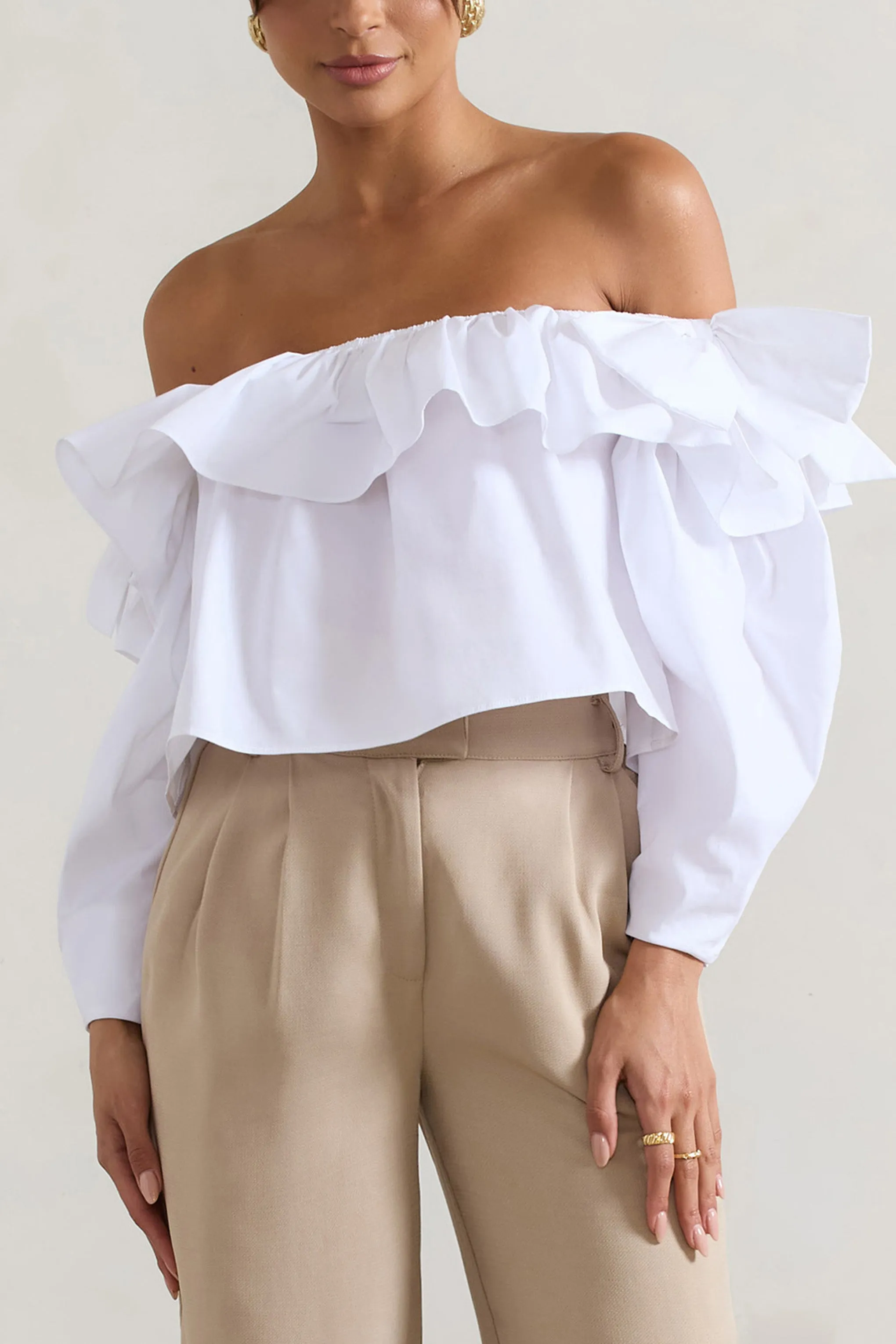 Cove | White Bardot Puff-Sleeve Ruffle Top With Bows Club L London