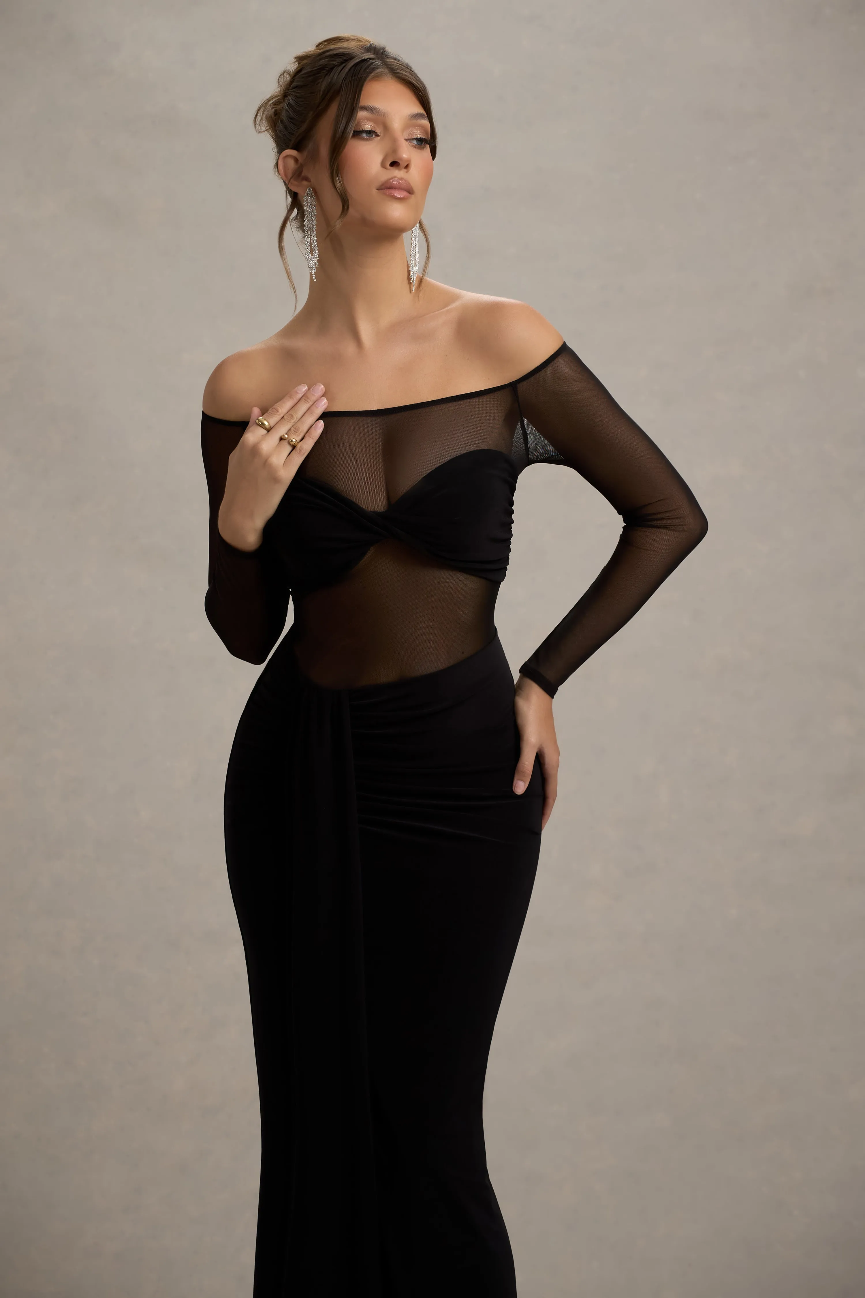 Cover Star | Black Mesh Bardot Long-Sleeve Draped Maxi Dress Club L London