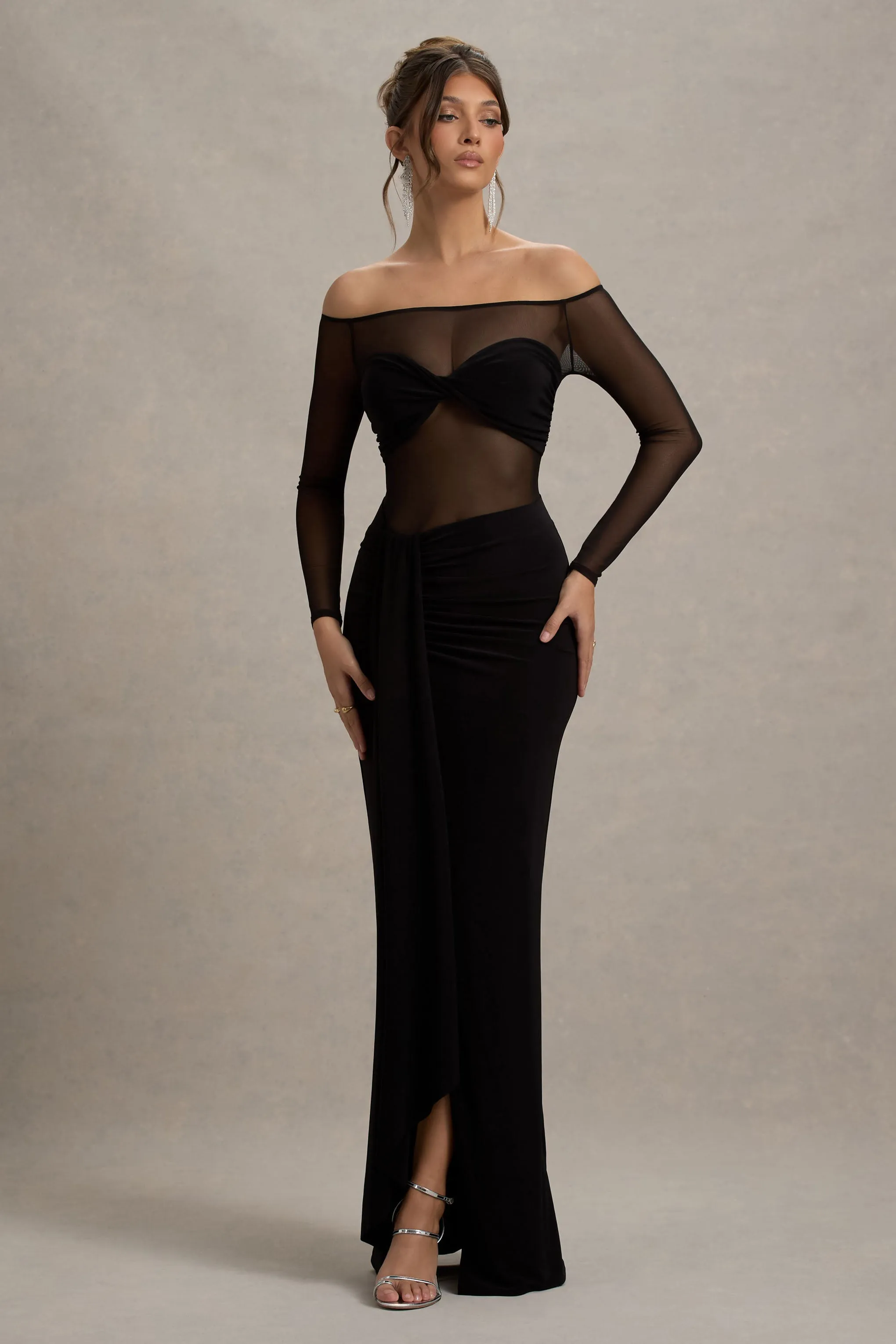 Cover Star | Black Mesh Bardot Long-Sleeve Draped Maxi Dress Club L London