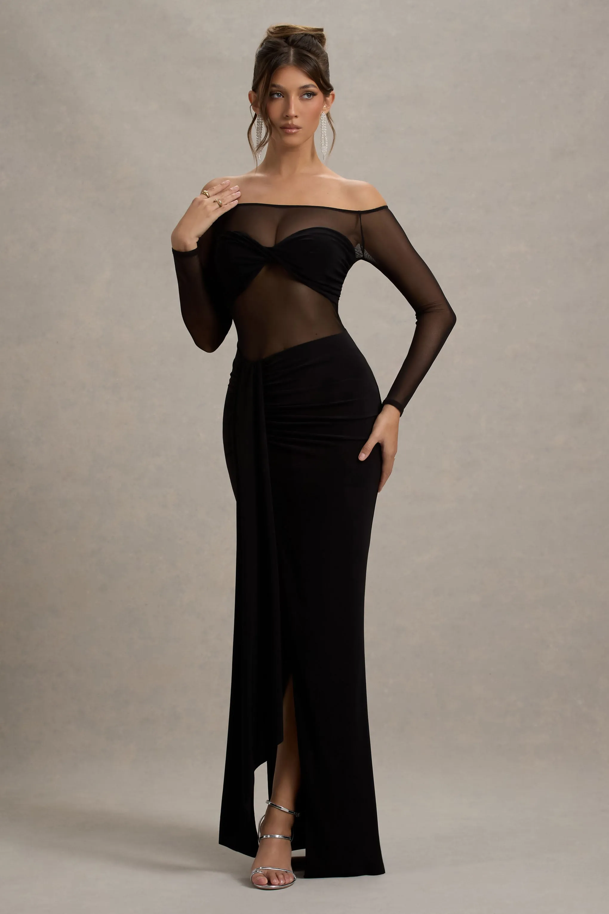 Cover Star | Black Mesh Bardot Long-Sleeve Draped Maxi Dress Club L London