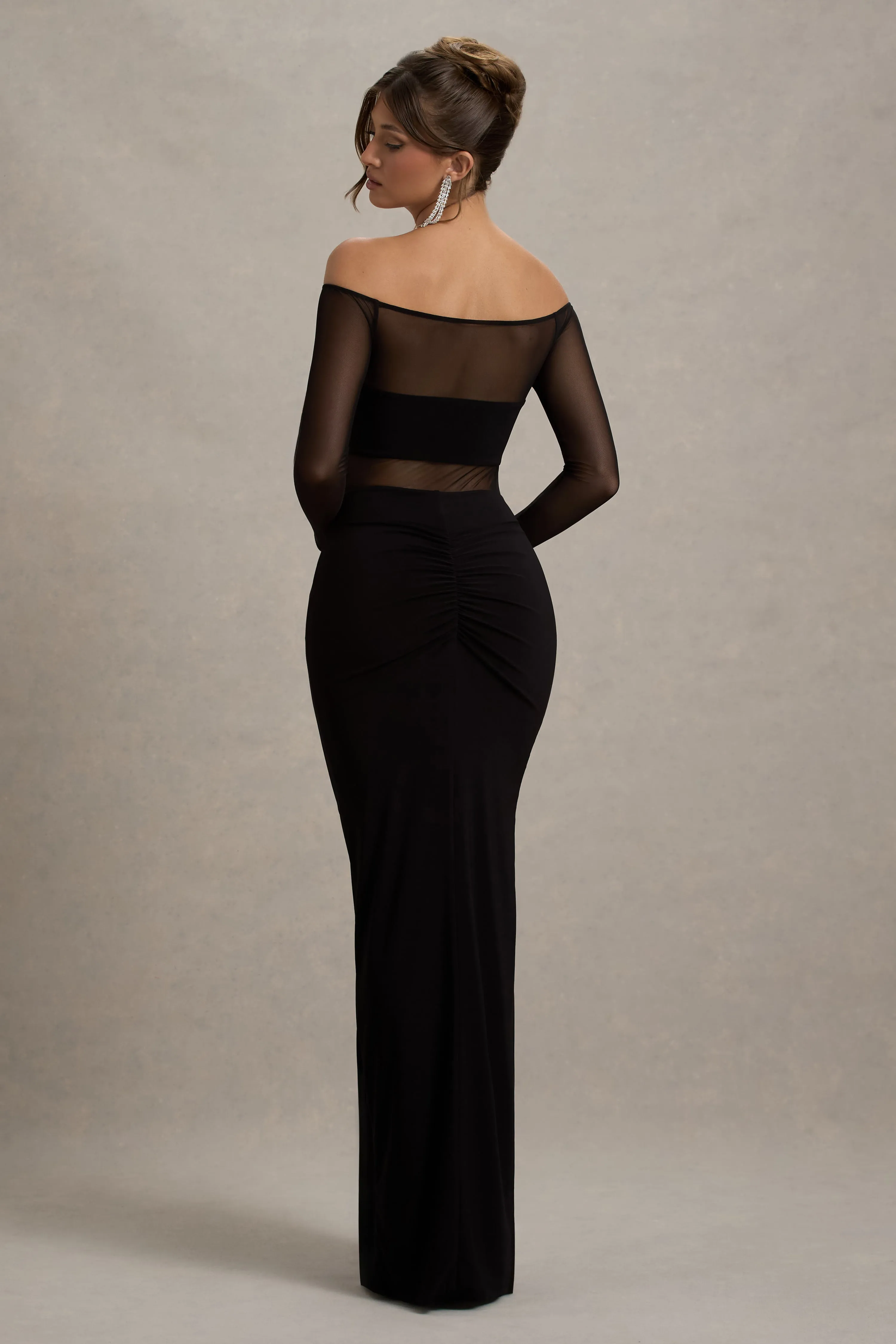 Cover Star | Black Mesh Bardot Long-Sleeve Draped Maxi Dress Club L London