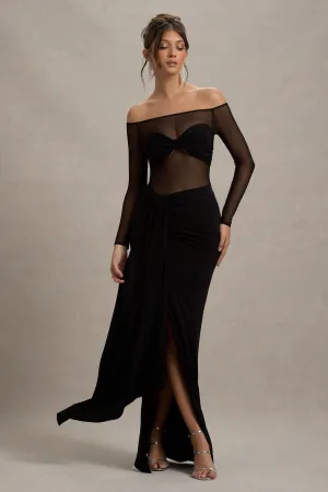 Cover Star | Black Mesh Bardot Long-Sleeve Draped Maxi Dress Club L London