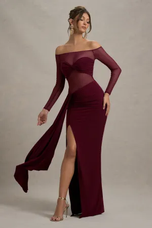 Cover Star | Burgundy Mesh Bardot Long-Sleeve Draped Maxi Dress Club L London
