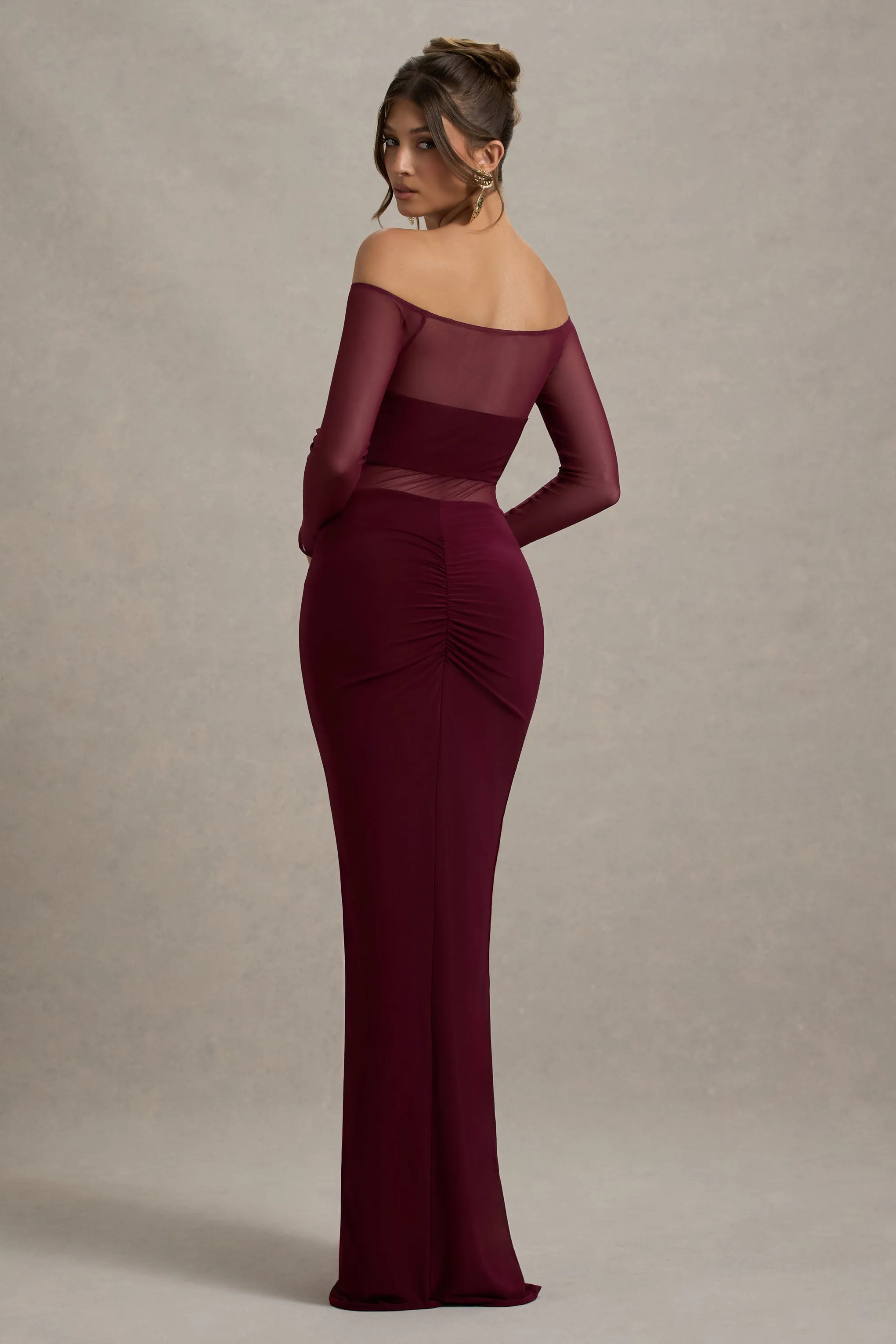 Cover Star | Burgundy Mesh Bardot Long-Sleeve Draped Maxi Dress Club L London