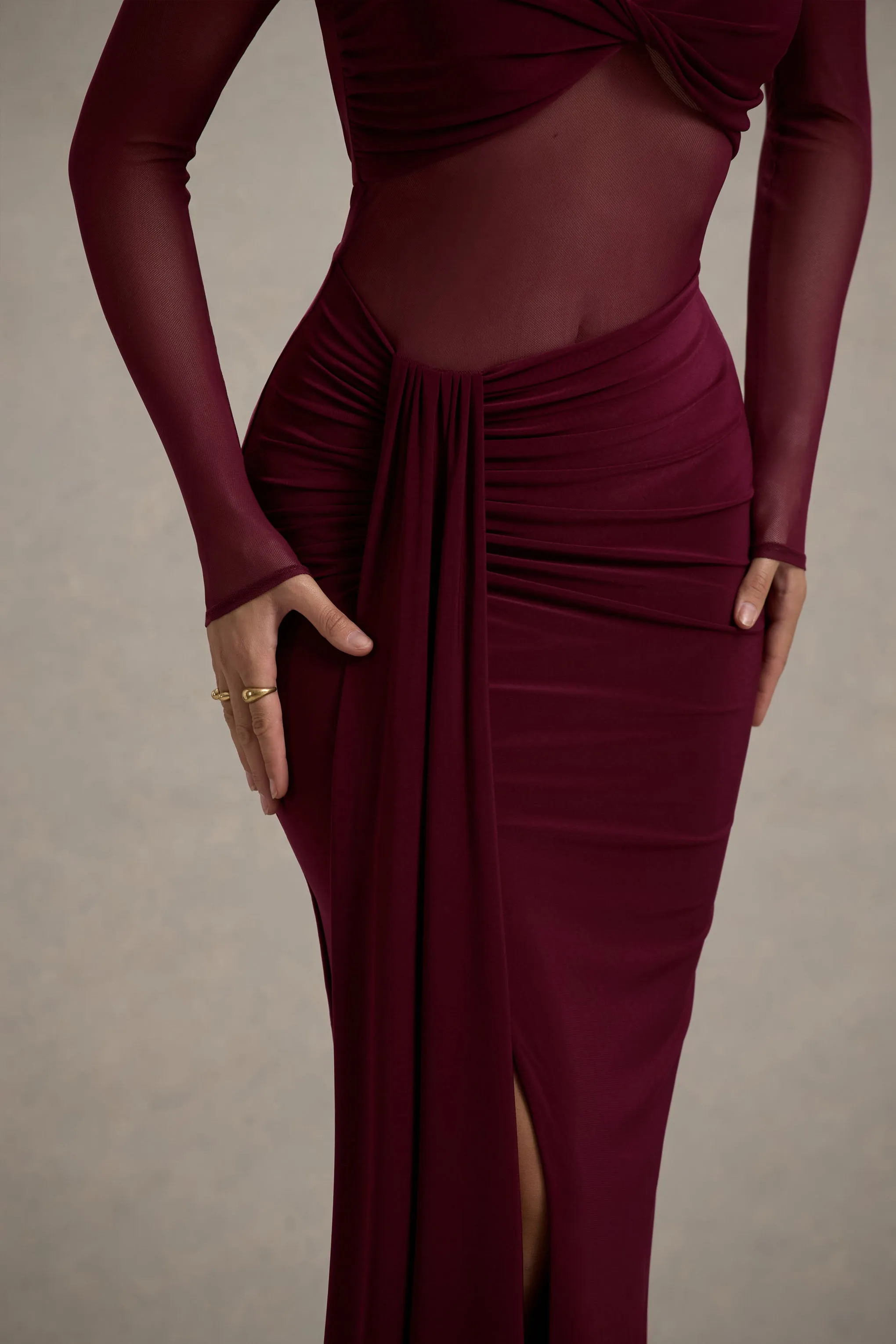 Cover Star | Burgundy Mesh Bardot Long-Sleeve Draped Maxi Dress Club L London