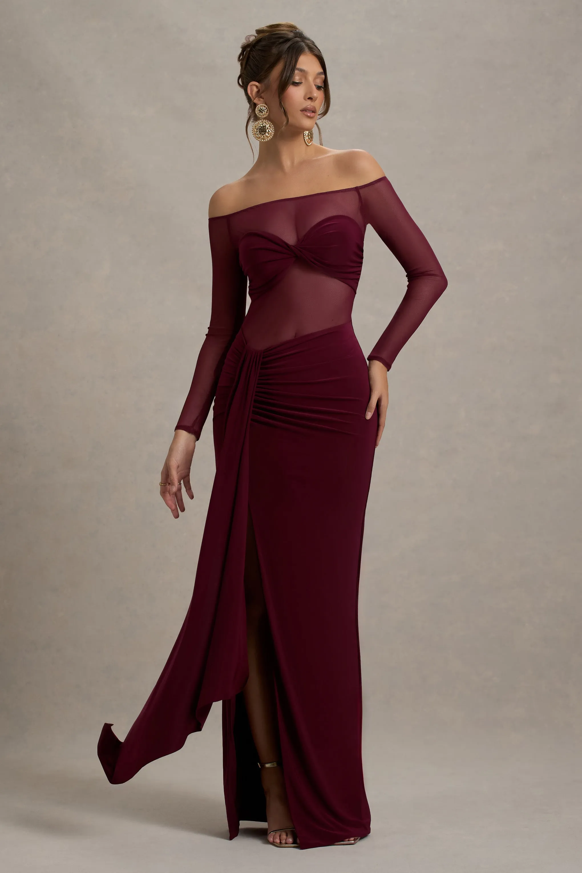 Cover Star | Burgundy Mesh Bardot Long-Sleeve Draped Maxi Dress Club L London
