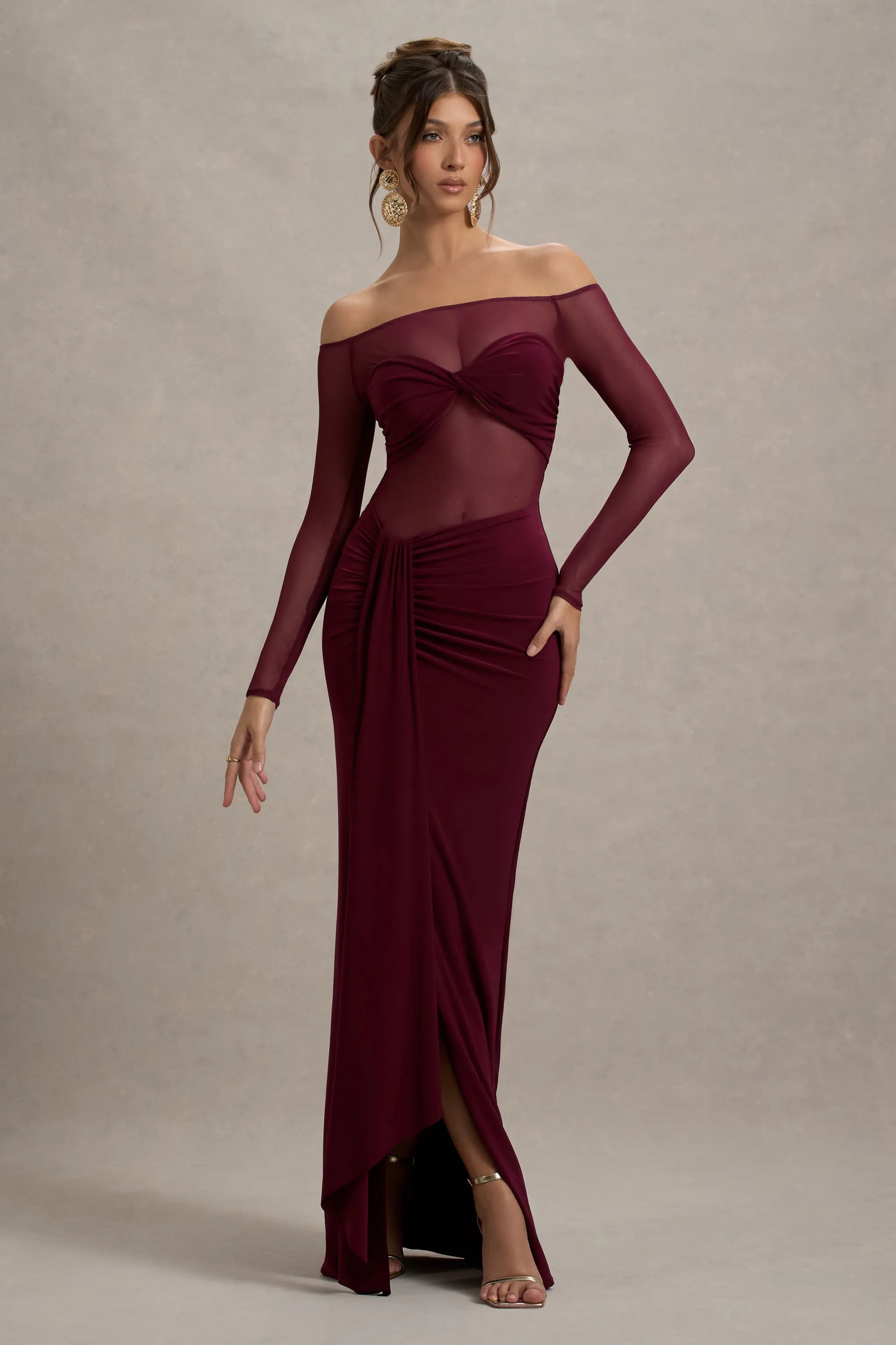 Cover Star | Burgundy Mesh Bardot Long-Sleeve Draped Maxi Dress Club L London