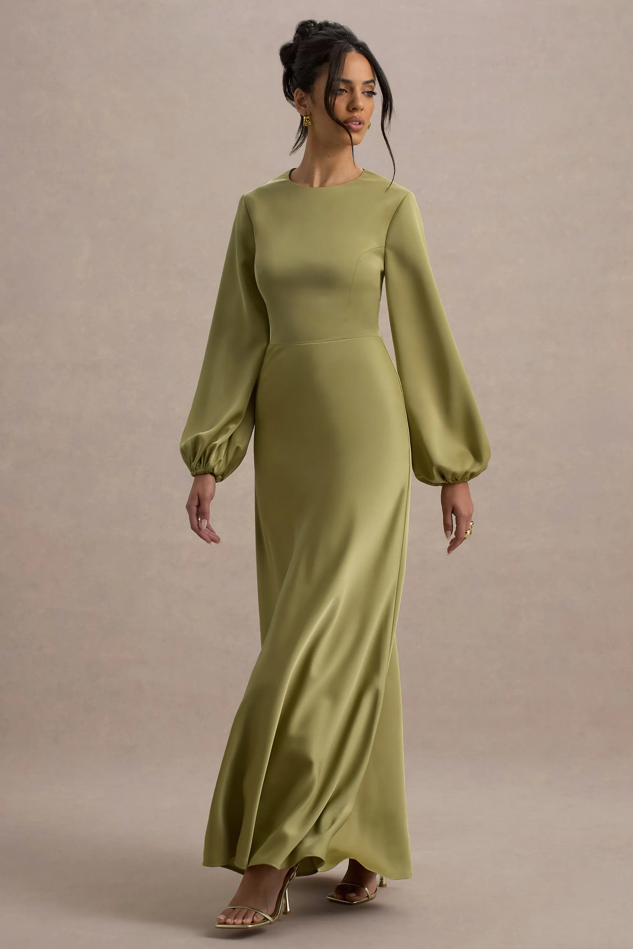 Crawley | Light Green Satin Puff-Sleeve Maxi Dress Club L London