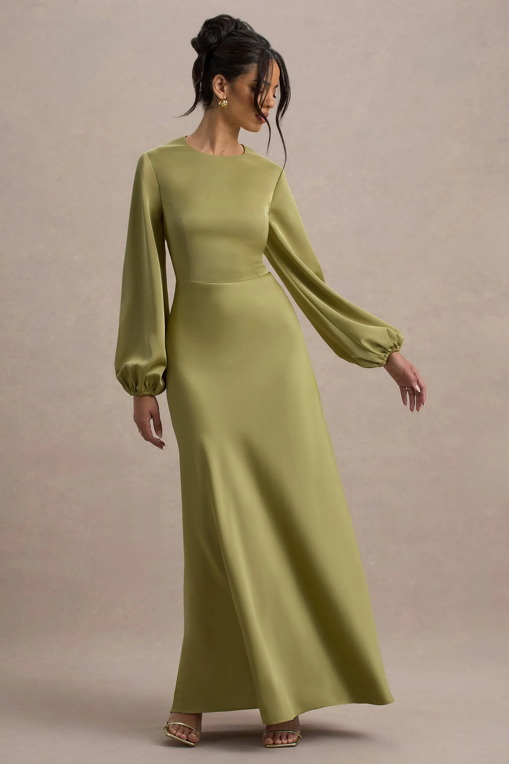 Crawley | Light Green Satin Puff-Sleeve Maxi Dress Club L London