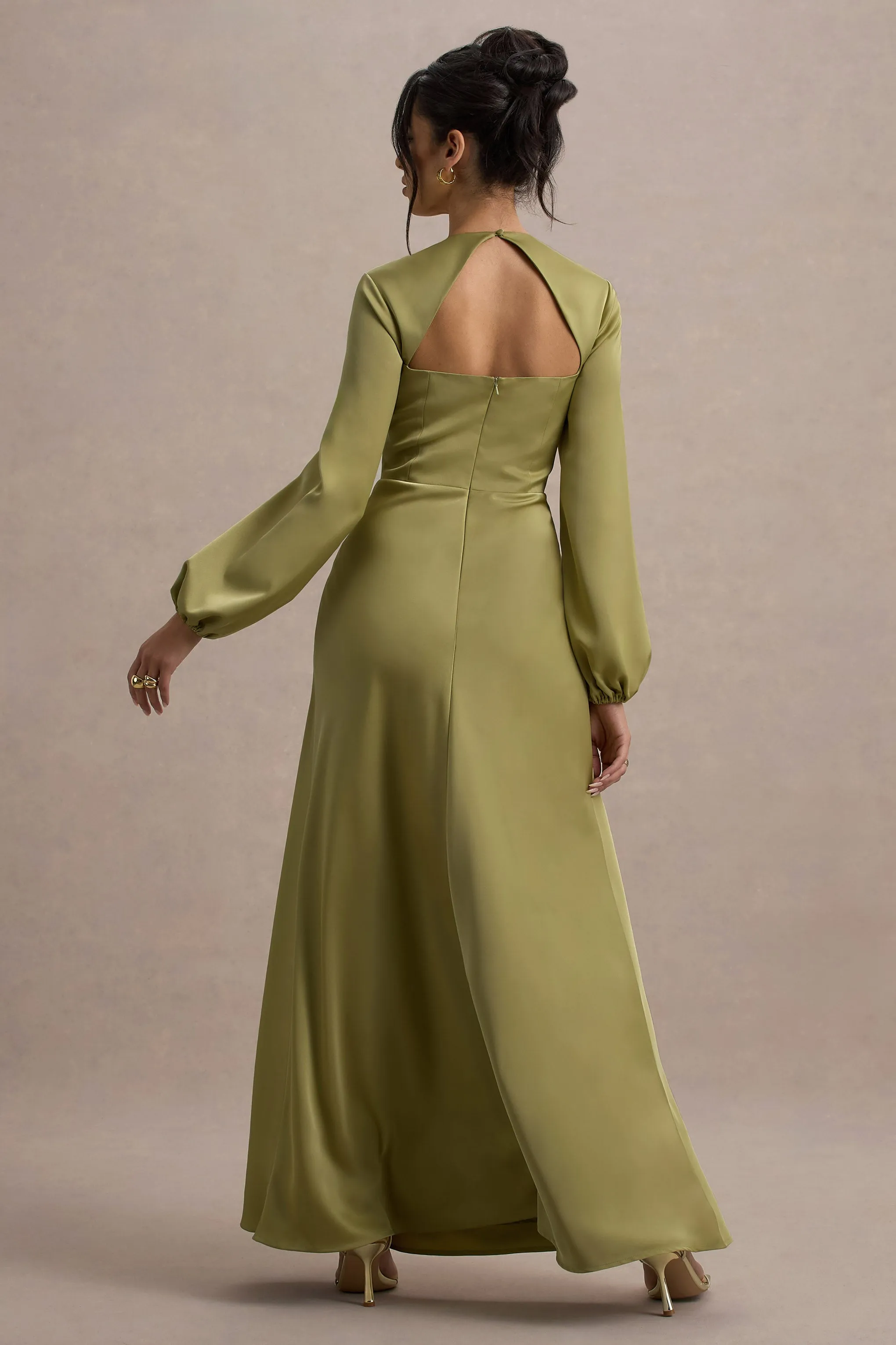 Crawley | Light Green Satin Puff-Sleeve Maxi Dress Club L London