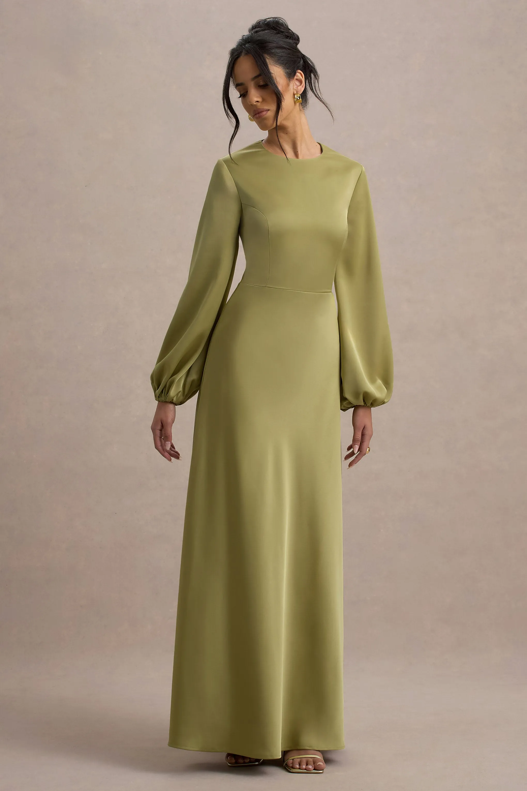 Crawley | Light Green Satin Puff-Sleeve Maxi Dress Club L London