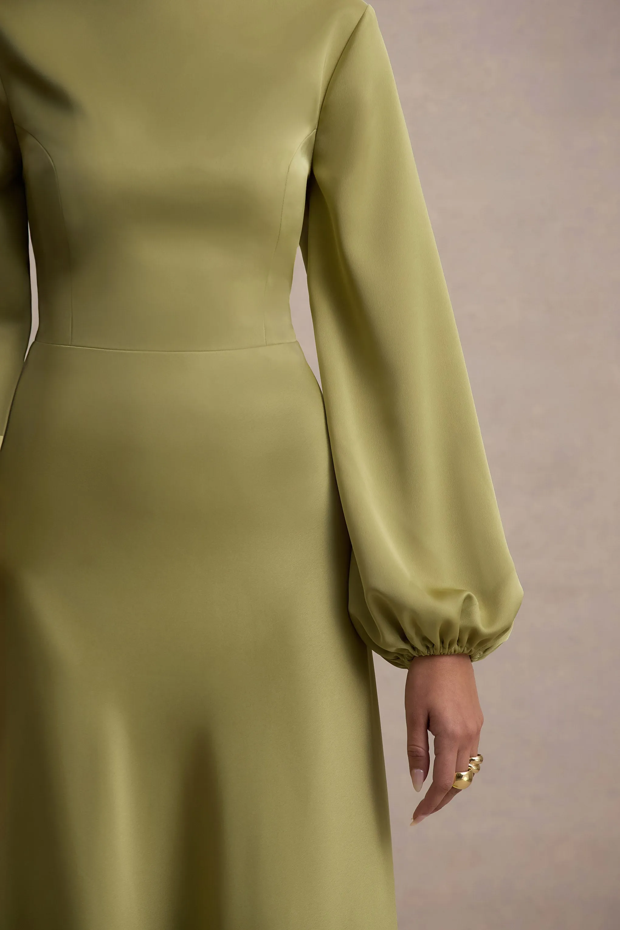 Crawley | Light Green Satin Puff-Sleeve Maxi Dress Club L London
