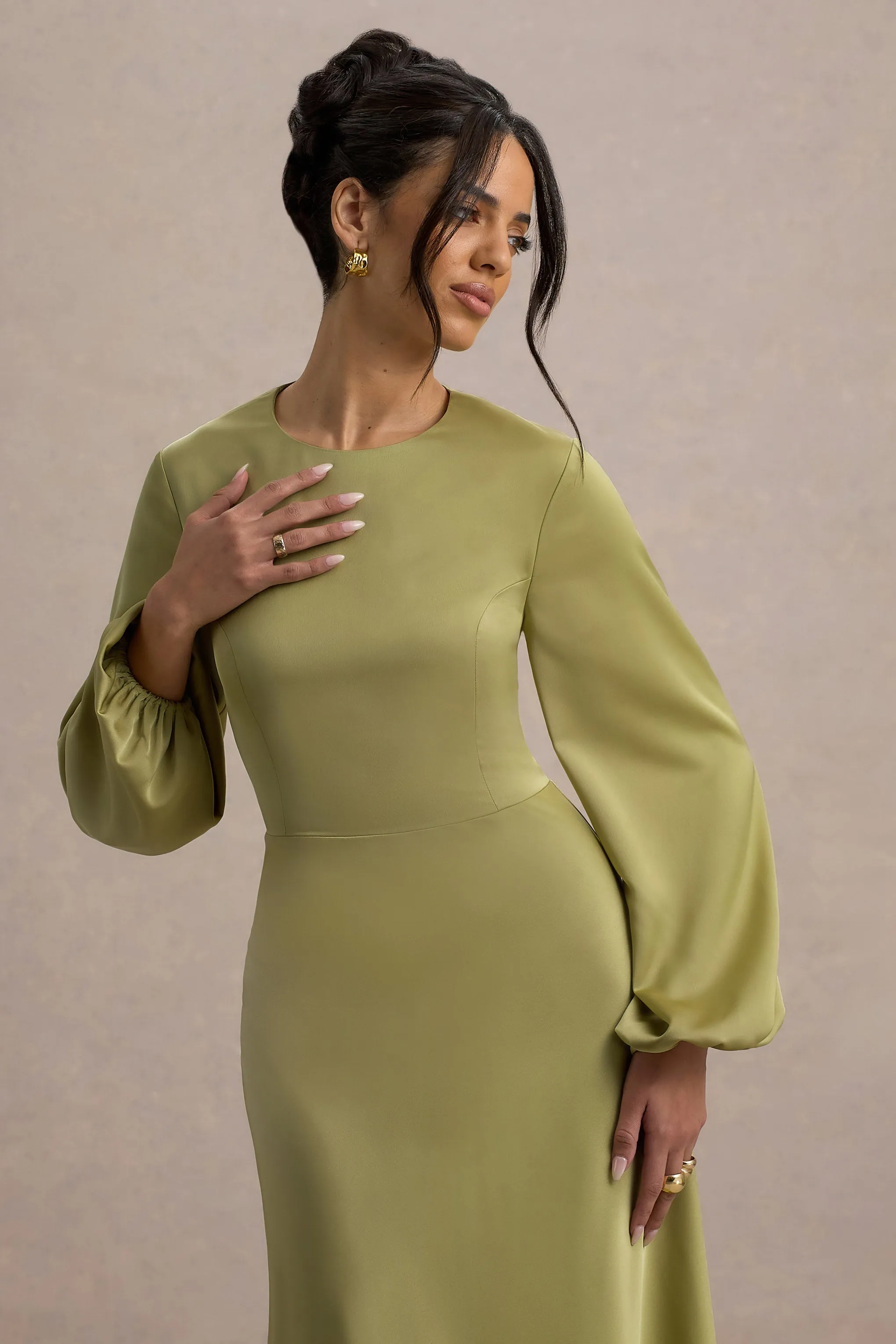 Crawley | Light Green Satin Puff-Sleeve Maxi Dress Club L London
