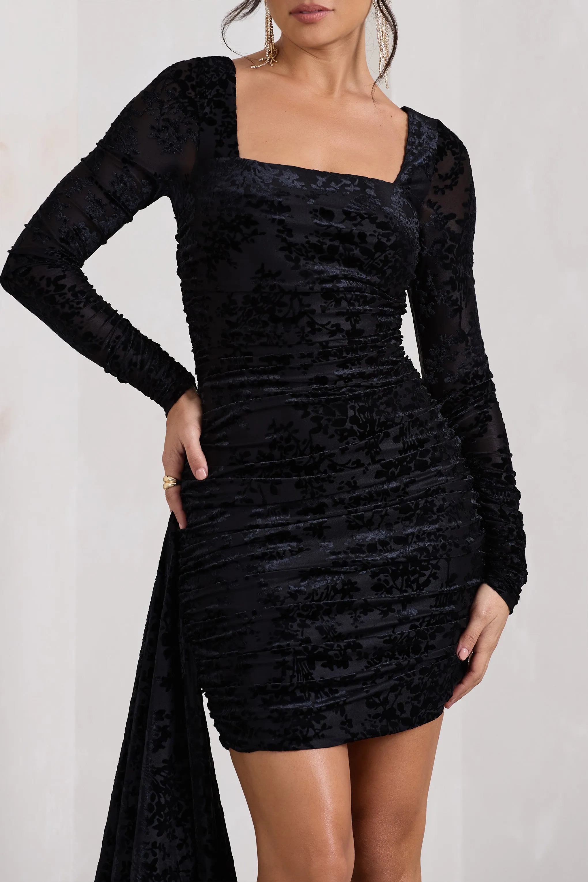 Crimson Cut | Black Velvet Floral Long-Sleeved Ruffled Bodycon Mini Dress Club L London