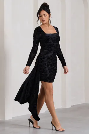 Crimson Cut | Black Velvet Floral Long-Sleeved Ruffled Bodycon Mini Dress Club L London