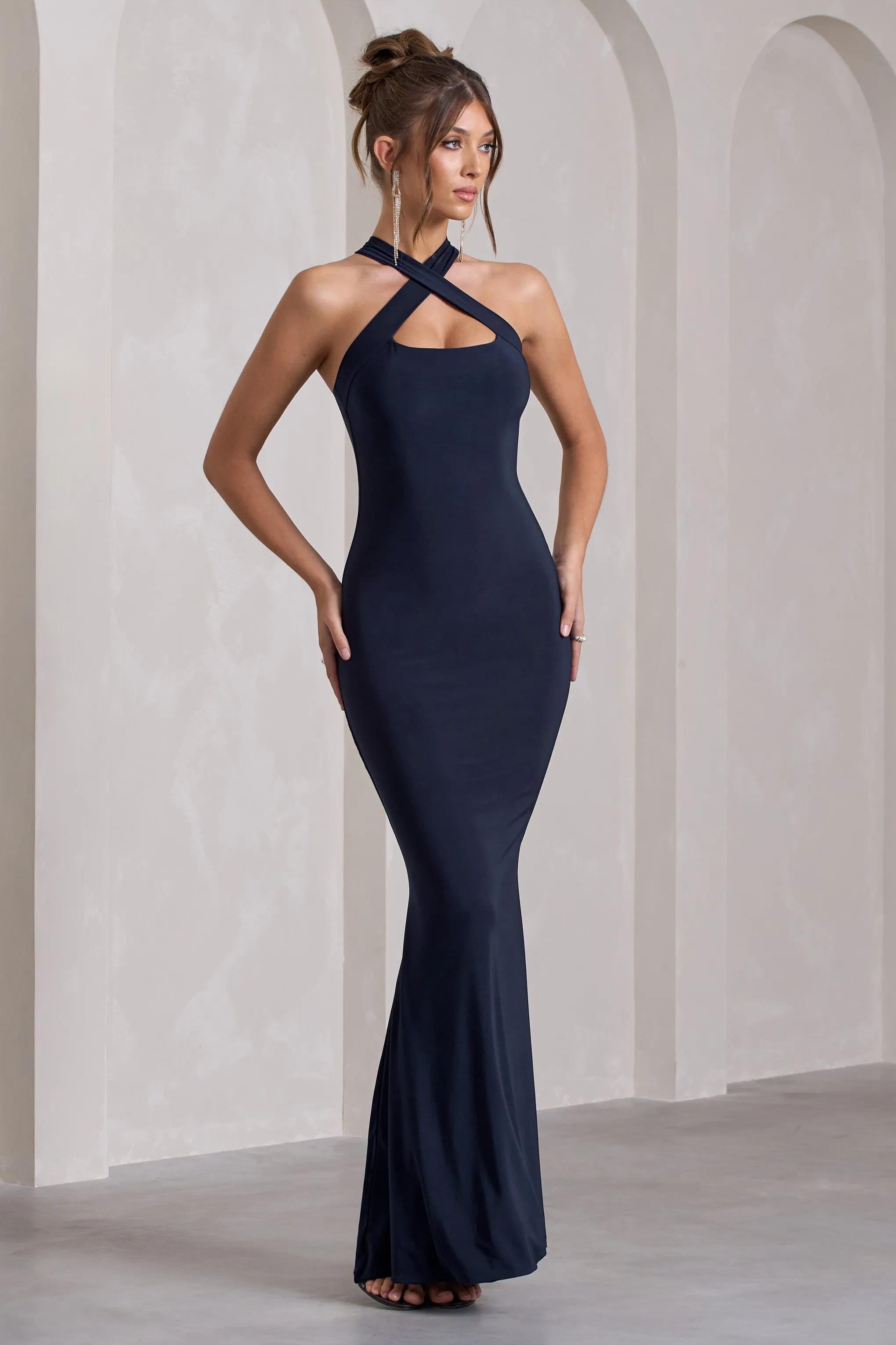 Cross My Heart | Navy Sleeveless Cross-Neck Maxi Dress Club L London