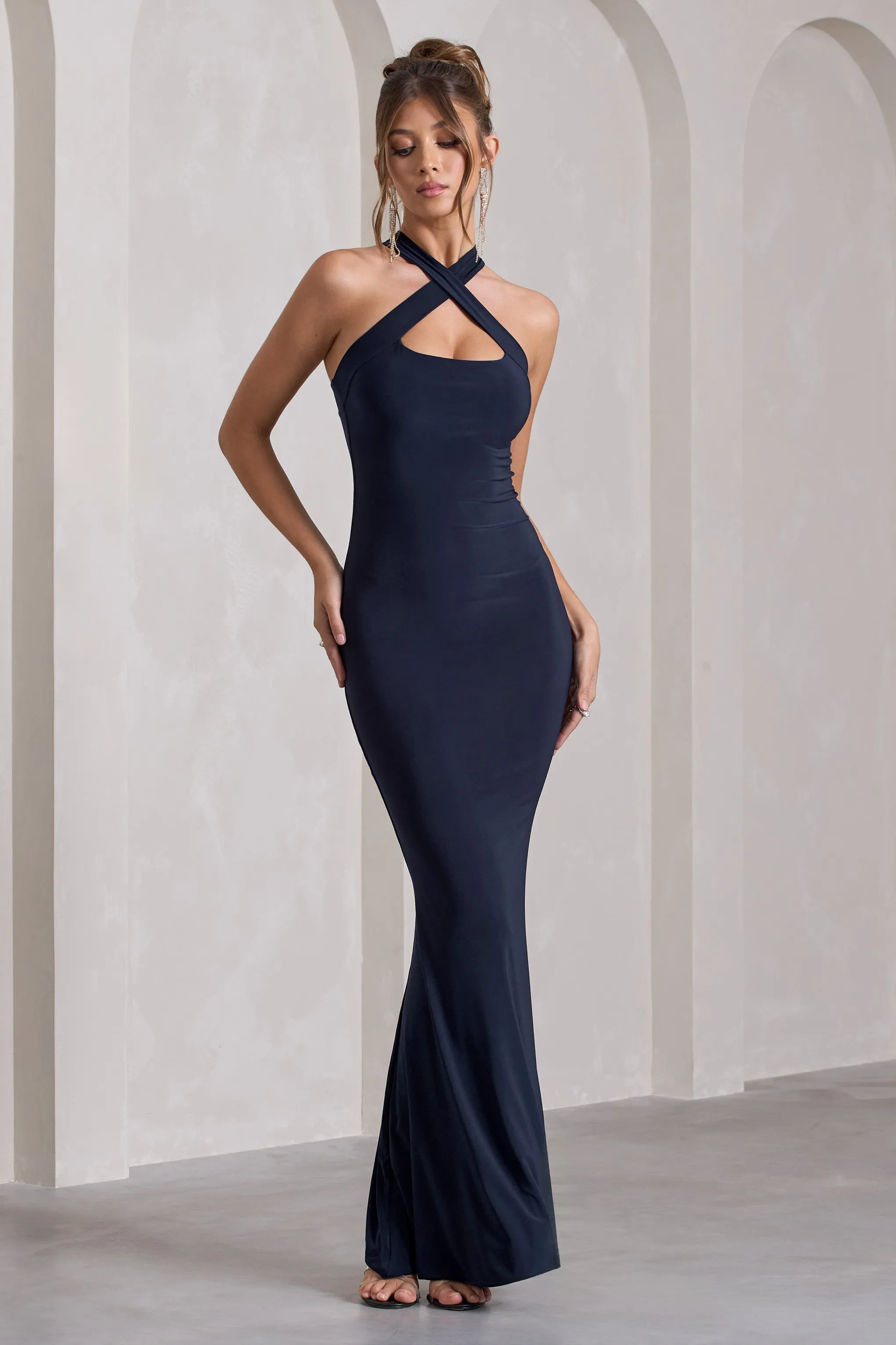 Cross My Heart | Navy Sleeveless Cross-Neck Maxi Dress Club L London