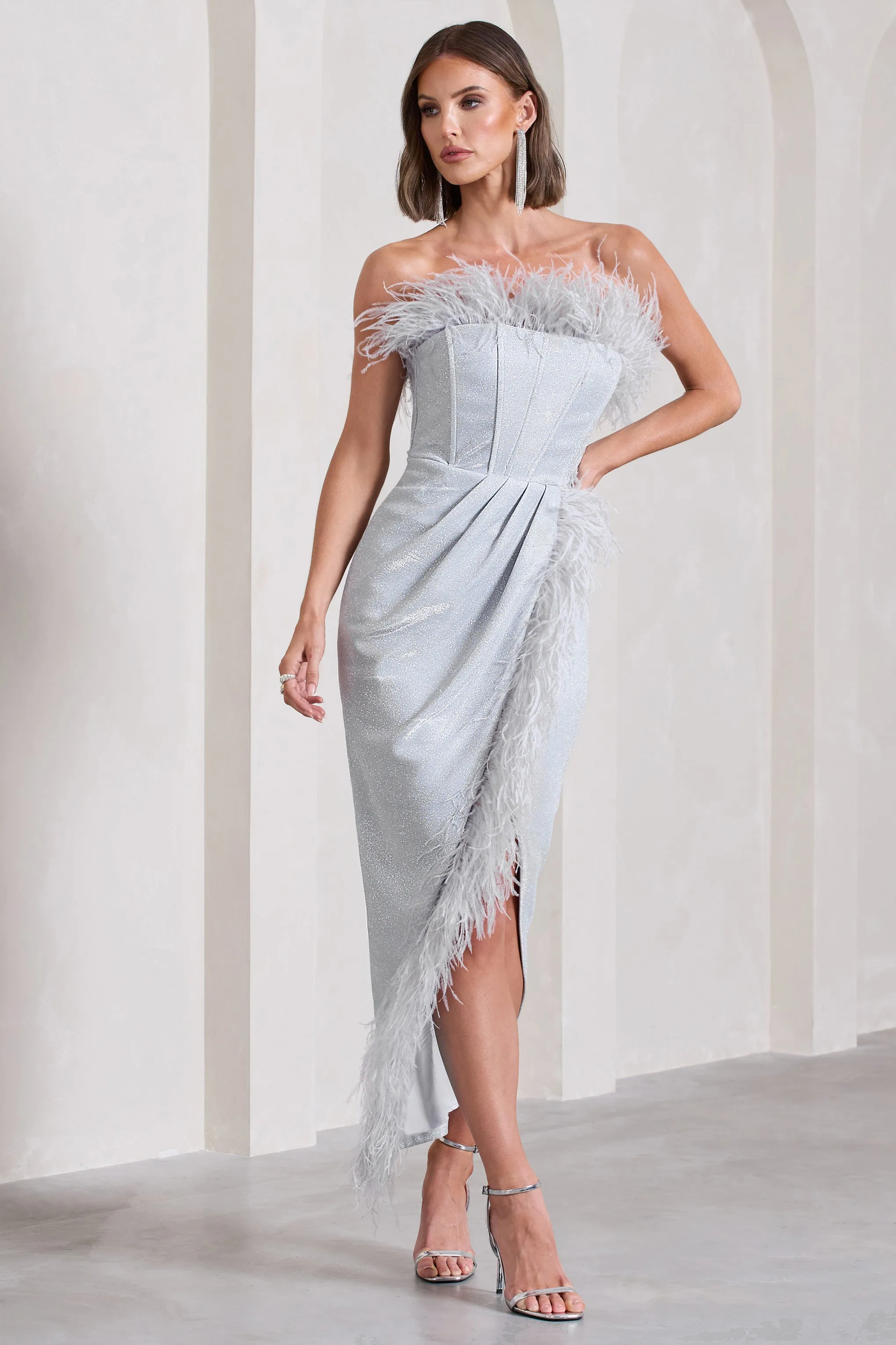 Crystal | Silver Metallic Bandeau Corset Maxi Dress With Feather Trims Club L London