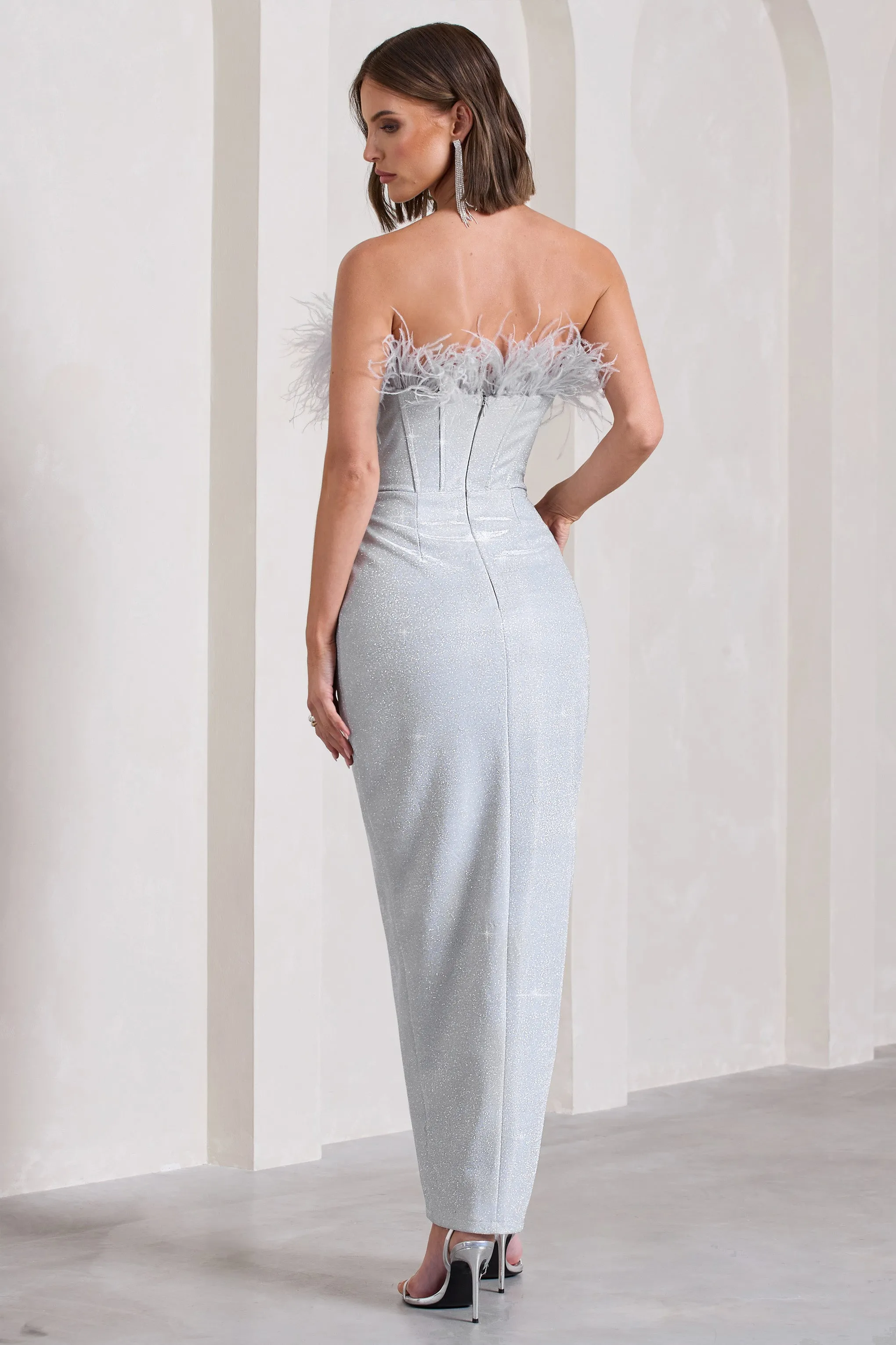 Crystal | Silver Metallic Bandeau Corset Maxi Dress With Feather Trims Club L London