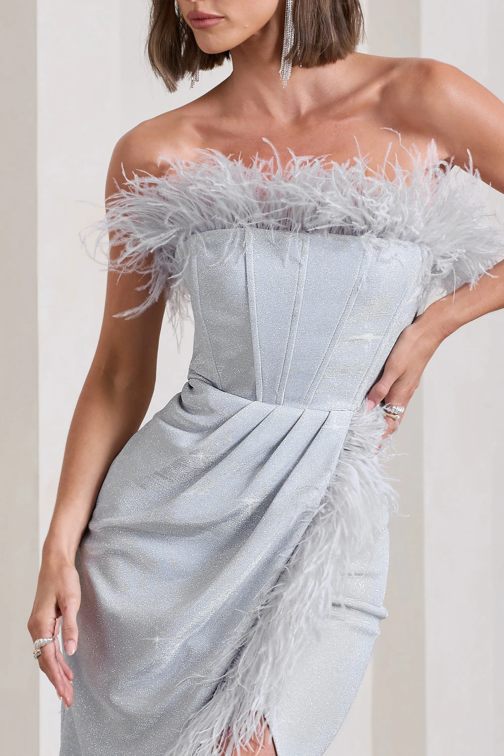 Crystal | Silver Metallic Bandeau Corset Maxi Dress With Feather Trims Club L London