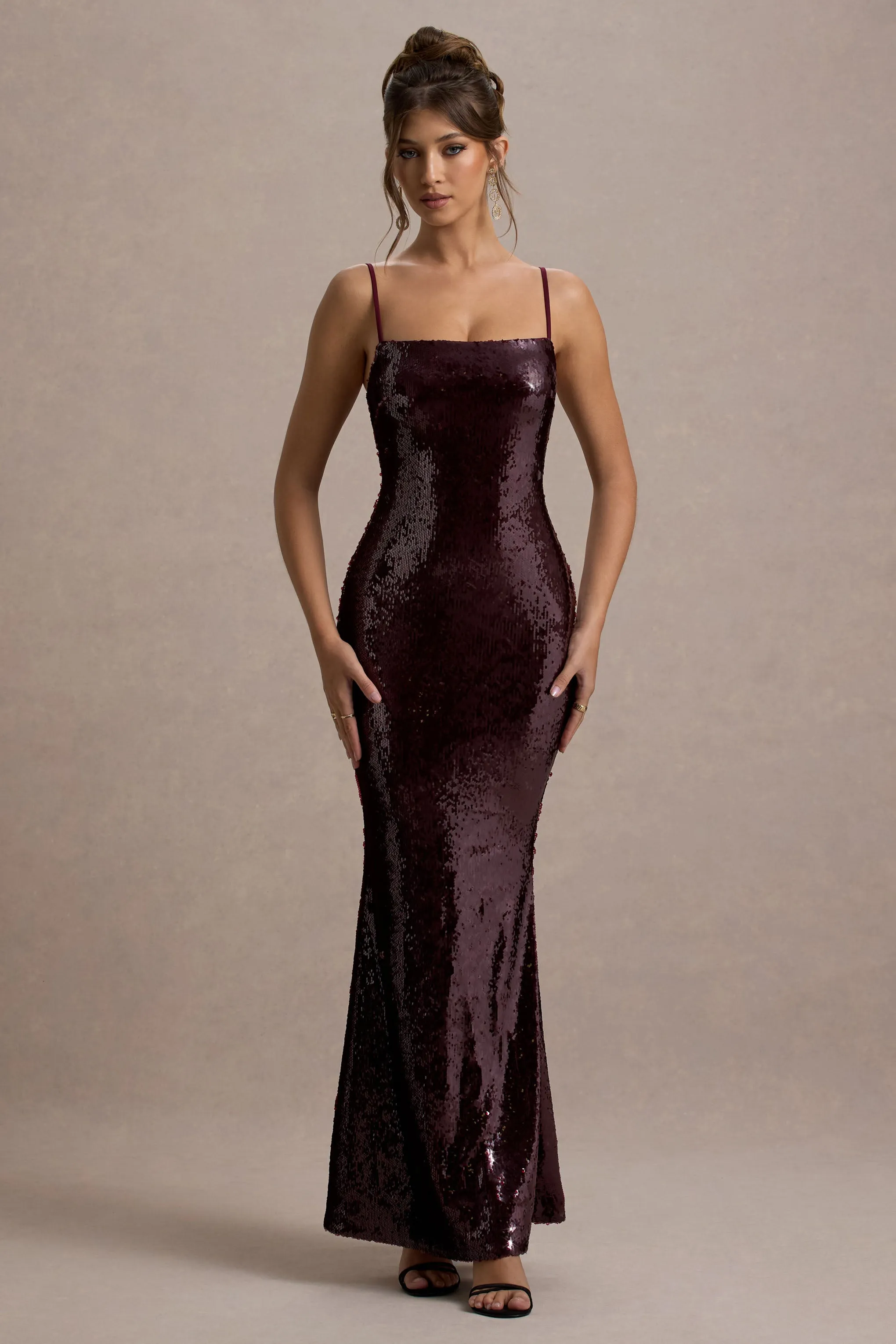 Crystalline | Berry Sequin Strappy Maxi Dress Club L London