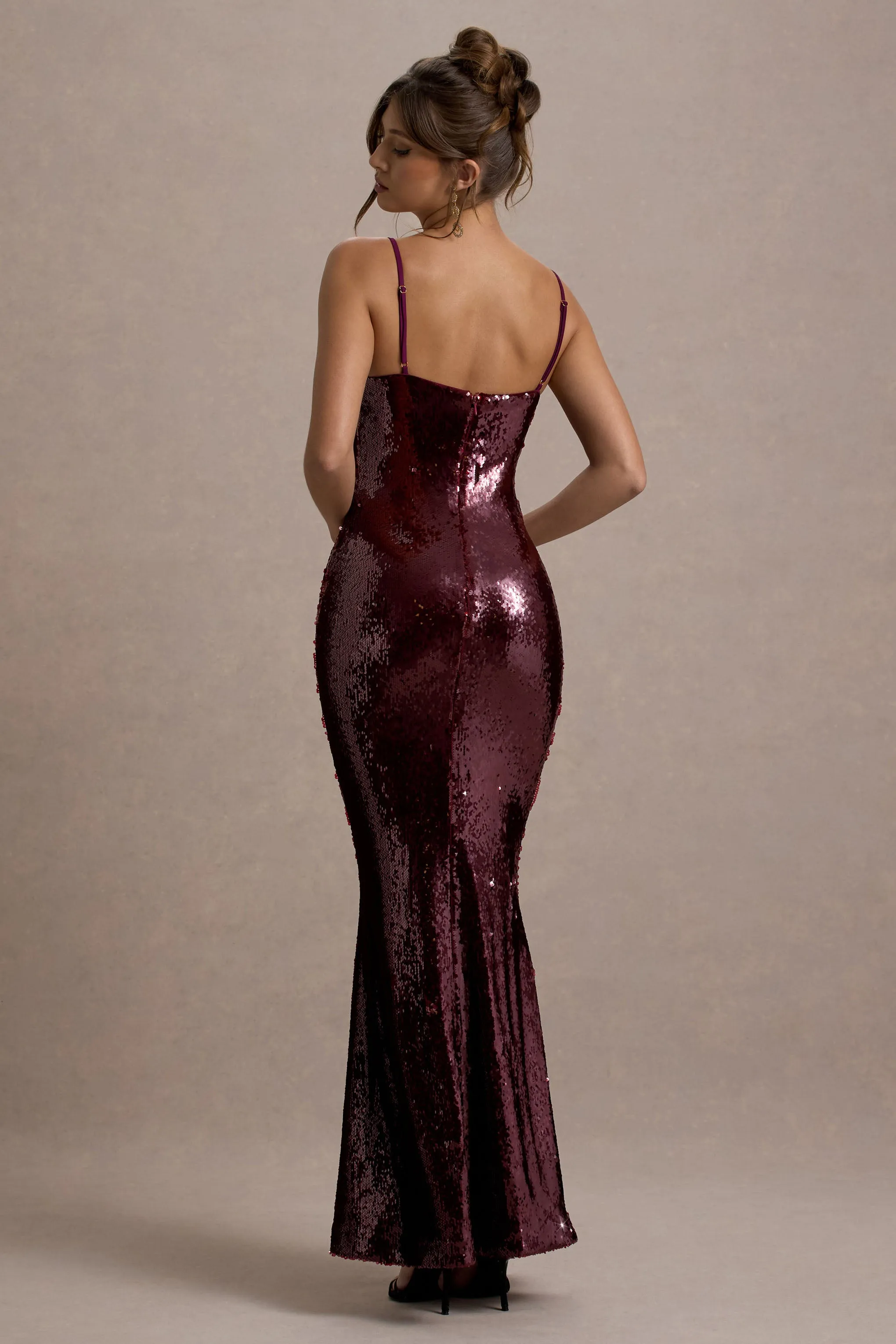 Crystalline | Berry Sequin Strappy Maxi Dress Club L London