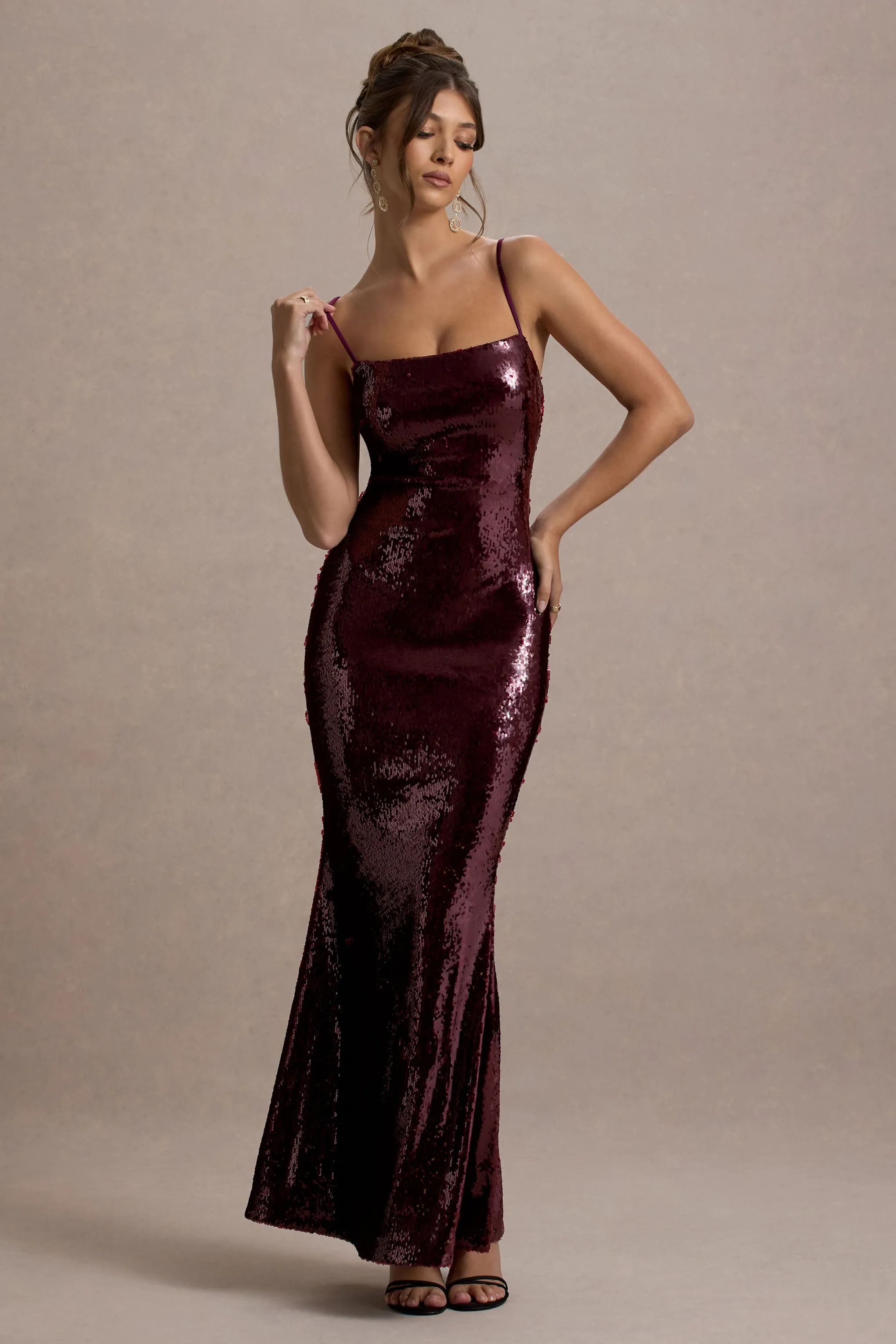 Crystalline | Berry Sequin Strappy Maxi Dress Club L London