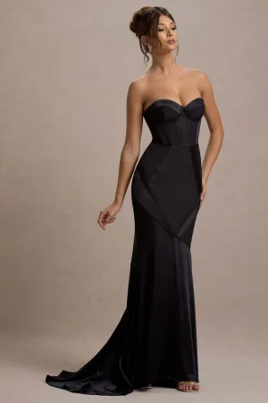 Custom | Black Satin Sweetheart Corset Fishtail Maxi Dress Club L London