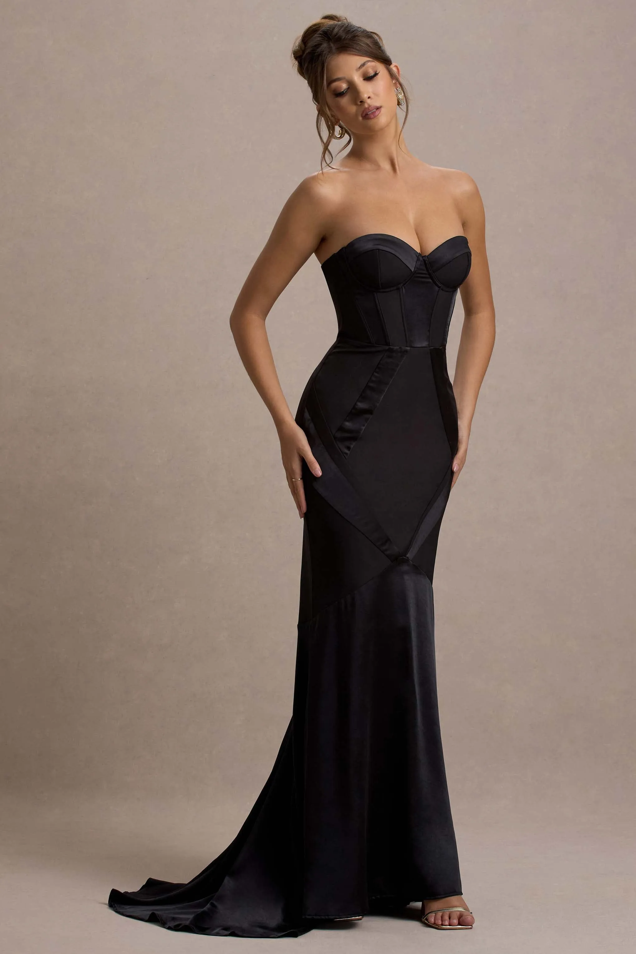 Custom | Black Satin Sweetheart Corset Fishtail Maxi Dress Club L London