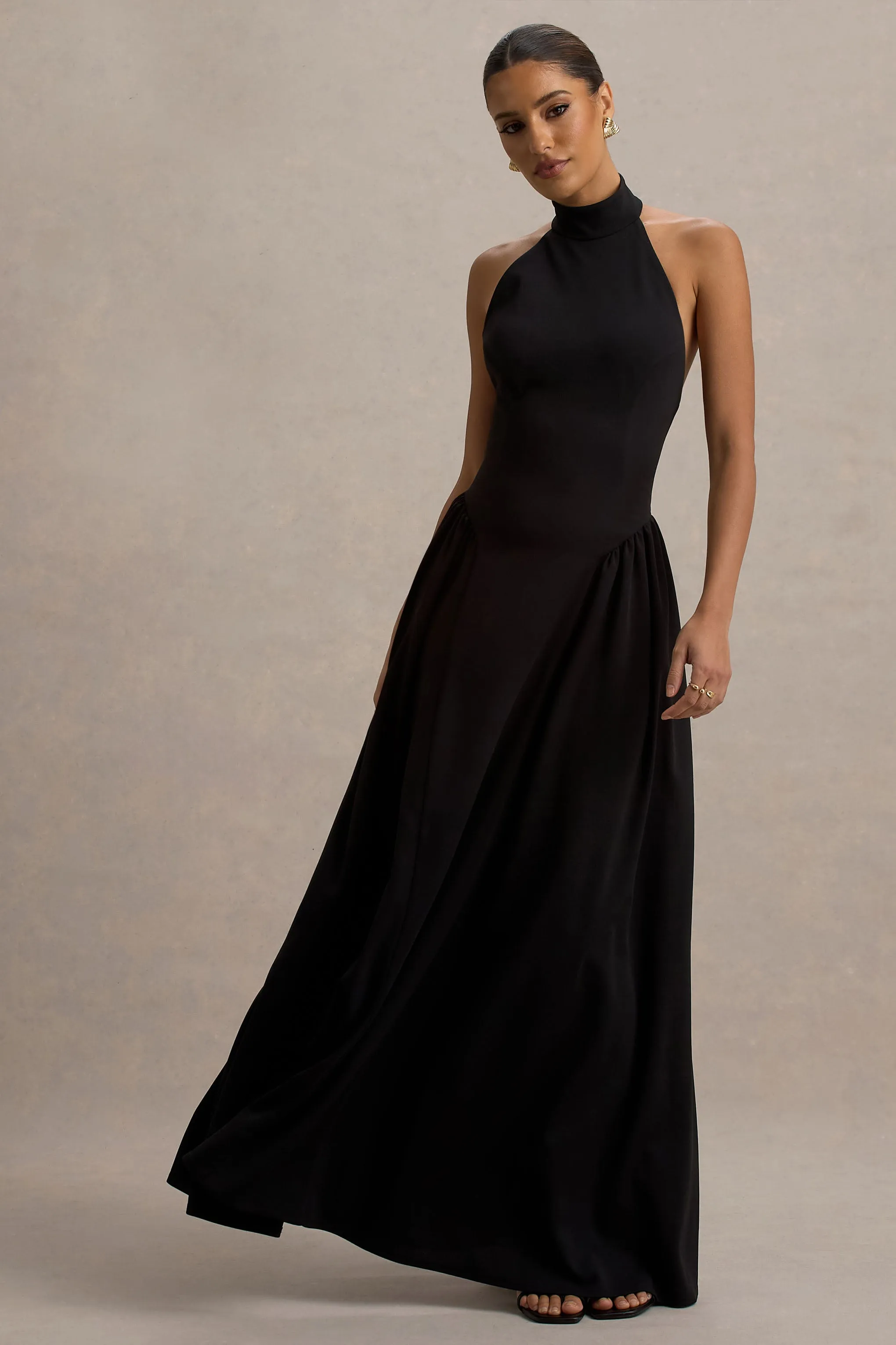 Cynthia | Black High-Neck Maxi Dress With Volume Skirt Club L London
