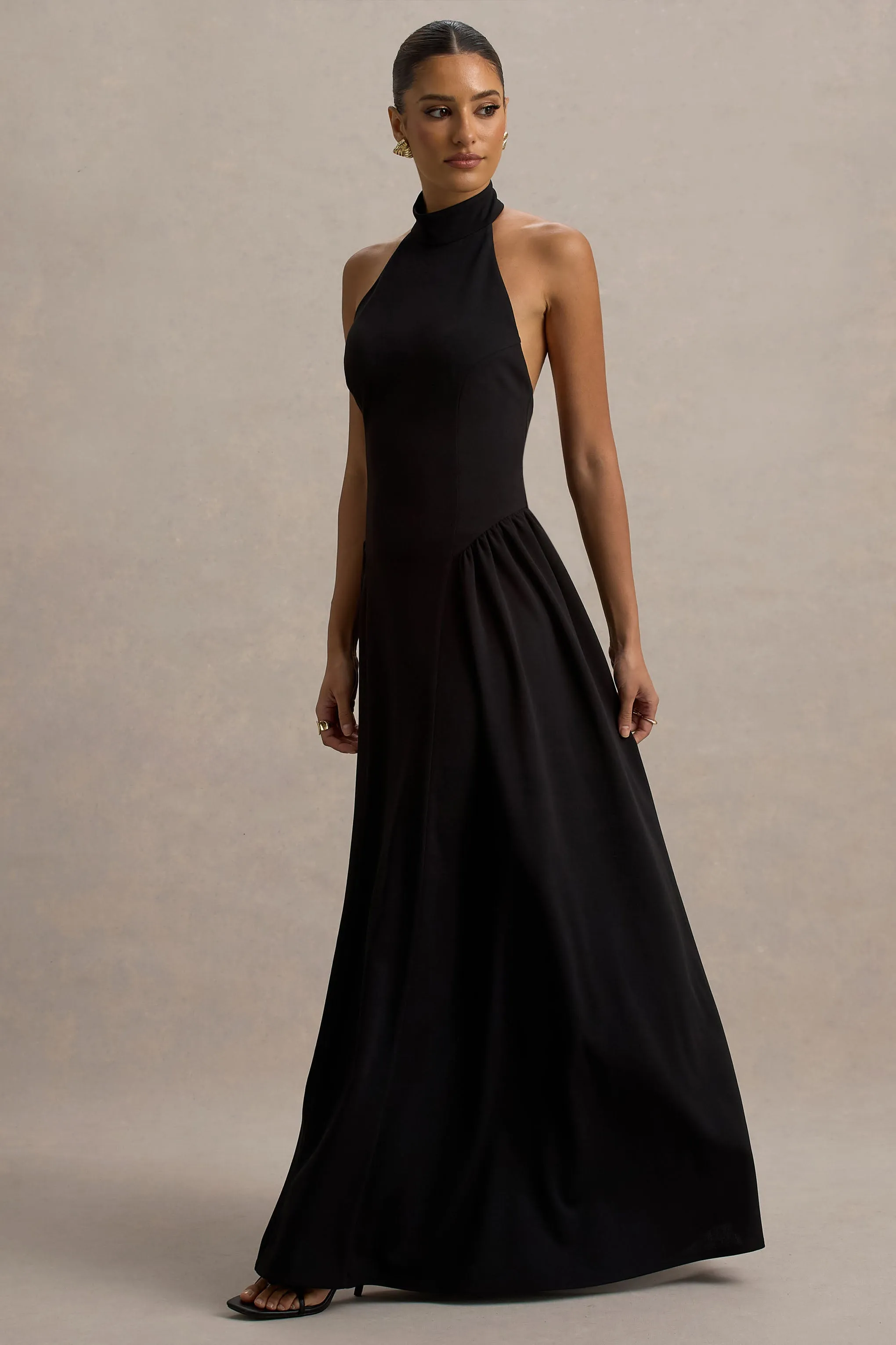Cynthia | Black High-Neck Maxi Dress With Volume Skirt Club L London