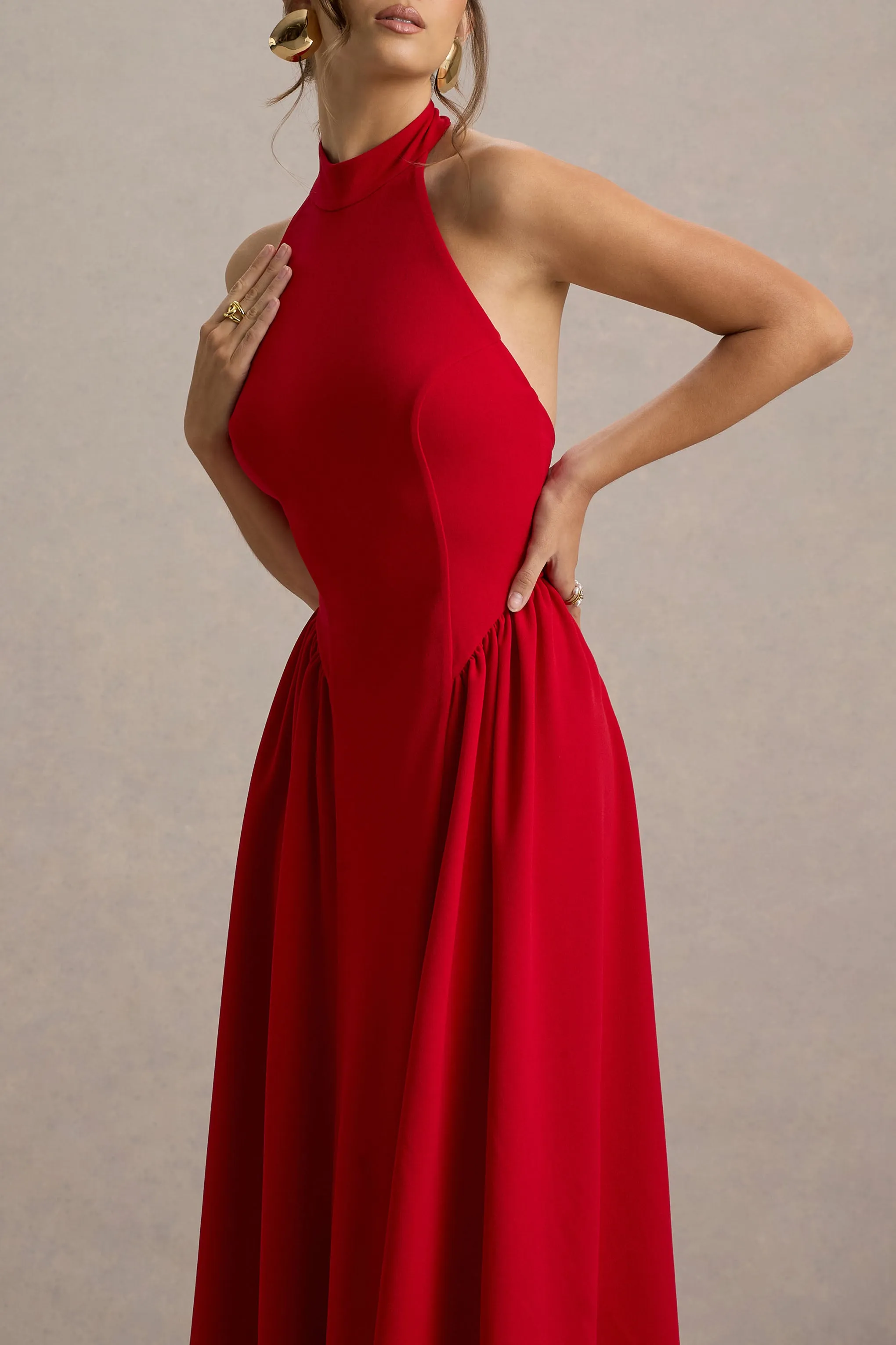 Cynthia | Red High-Neck Maxi Dress With Volume Skirt Club L London