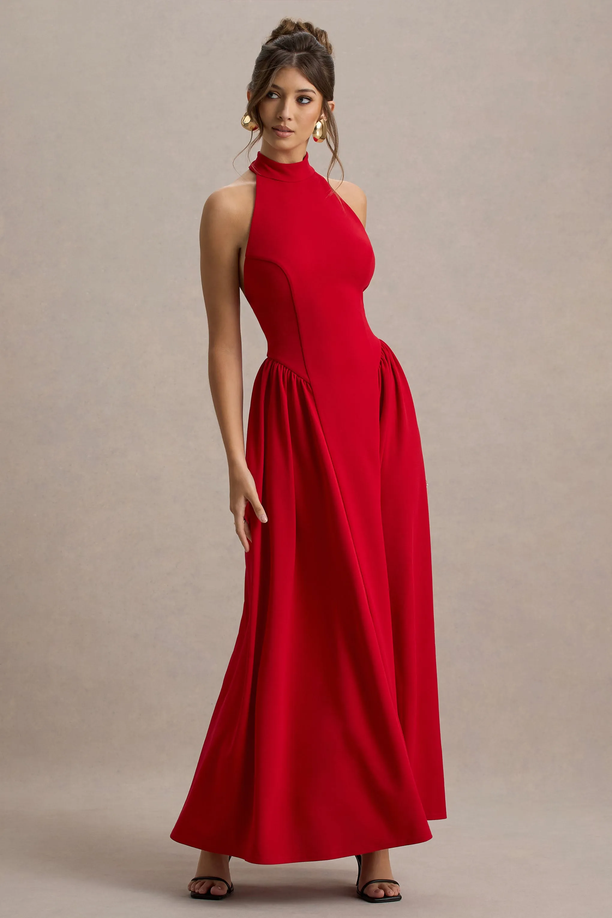 Cynthia | Red High-Neck Maxi Dress With Volume Skirt Club L London