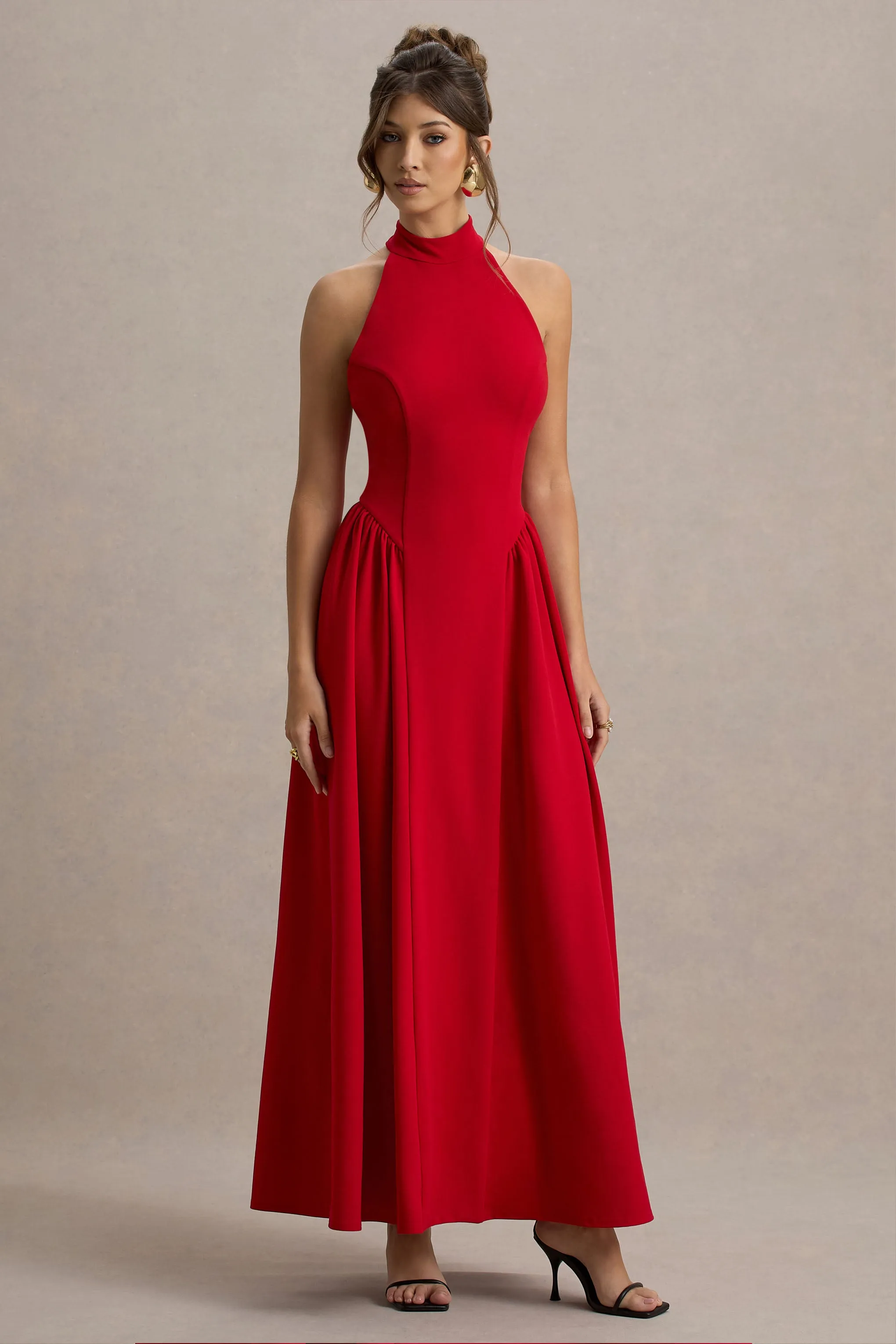 Cynthia | Red High-Neck Maxi Dress With Volume Skirt Club L London