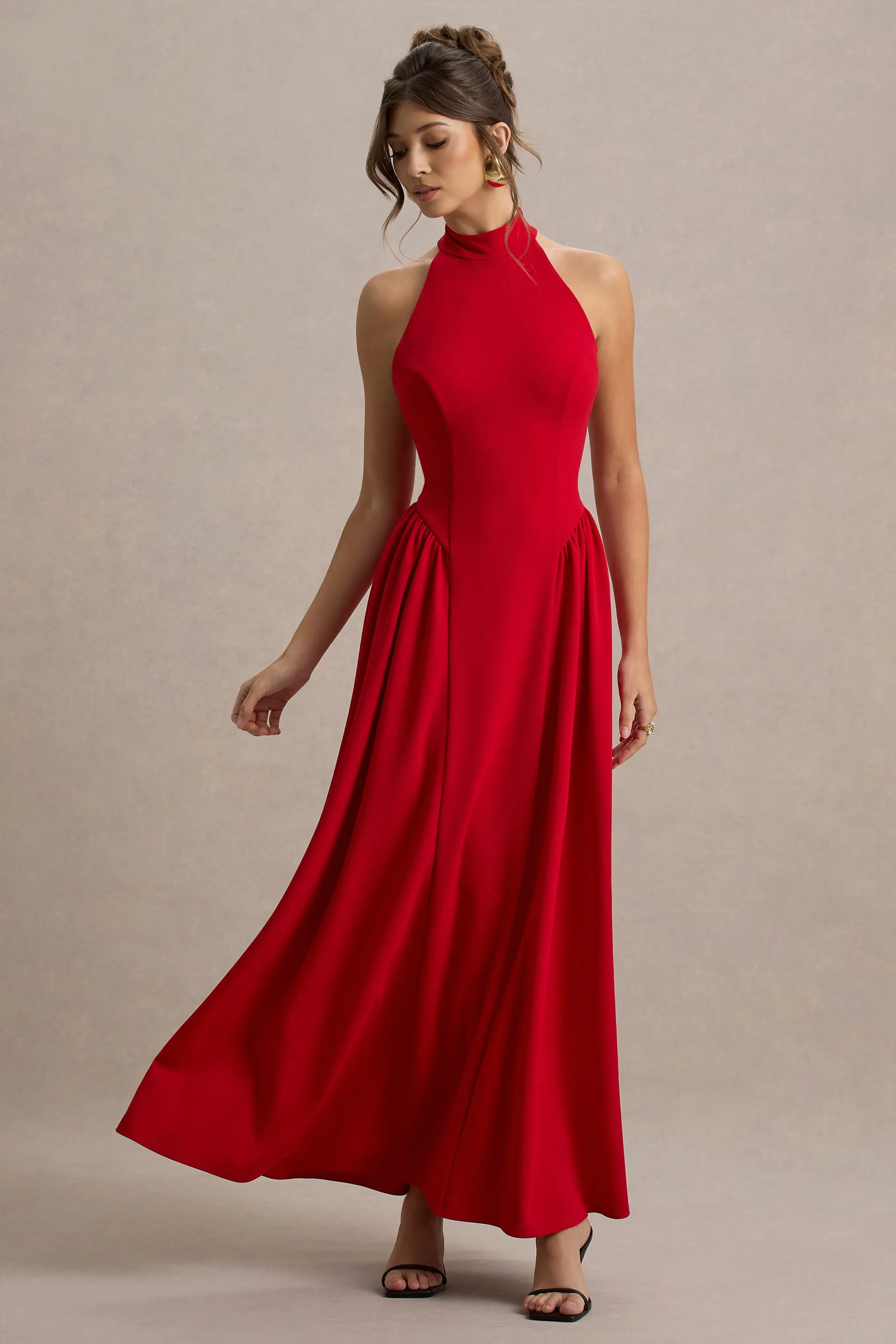 Cynthia | Red High-Neck Maxi Dress With Volume Skirt Club L London