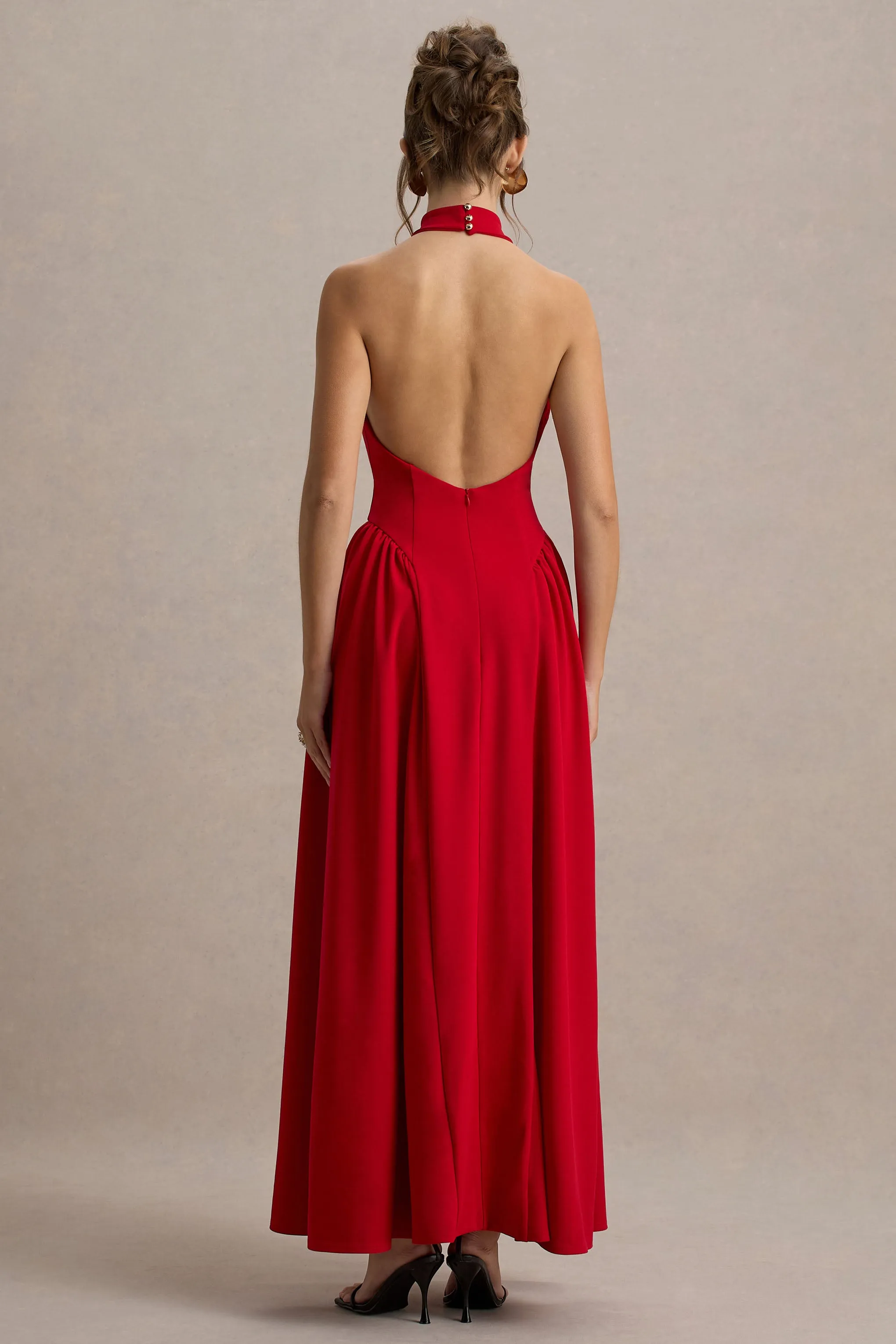 Cynthia | Red High-Neck Maxi Dress With Volume Skirt Club L London