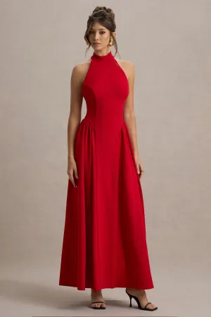 Cynthia | Red High-Neck Maxi Dress With Volume Skirt Club L London