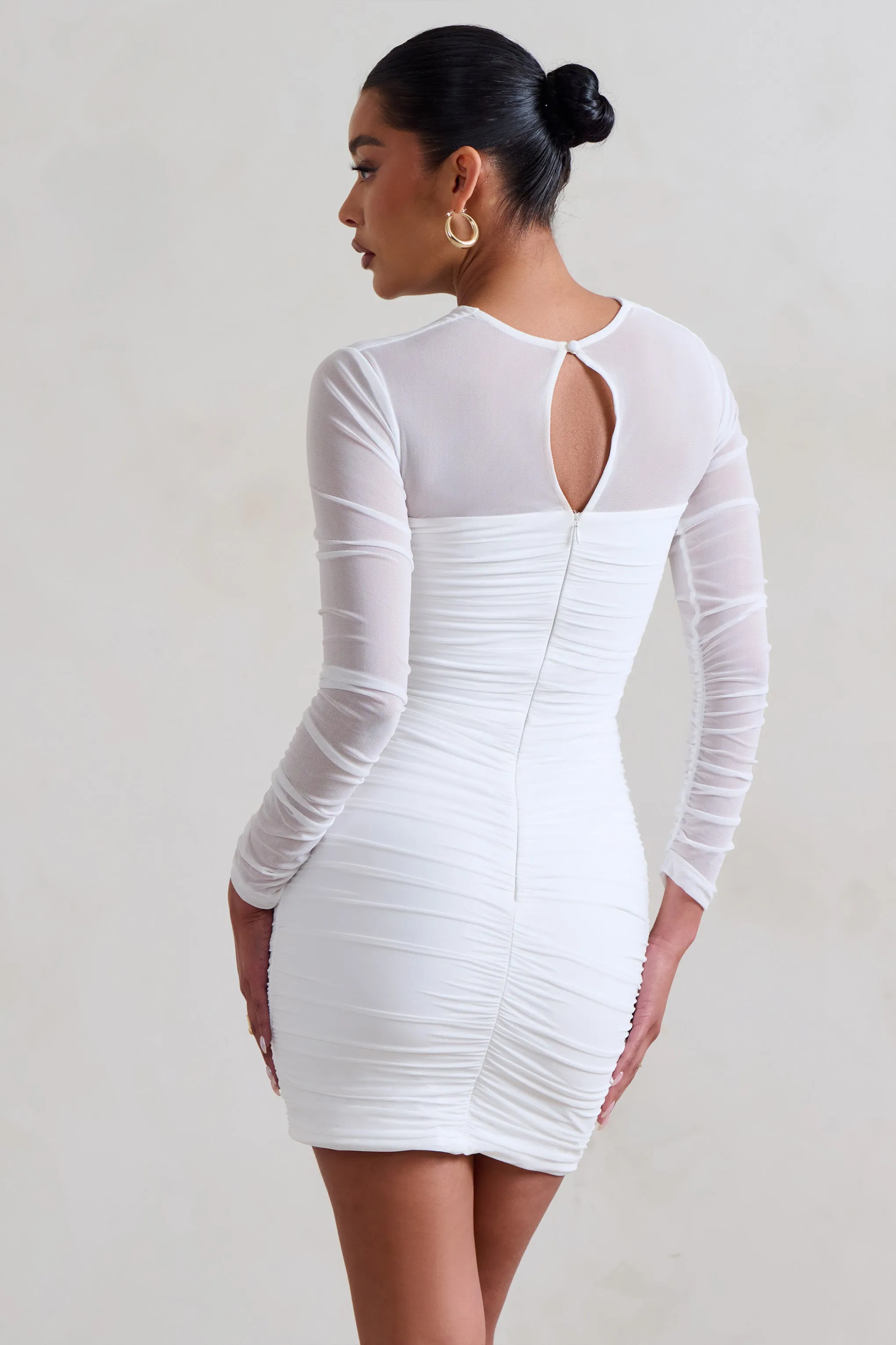 Daiquiri | White Ruched Cut Out Mesh Mini Dress With Long Sleeves Club L London