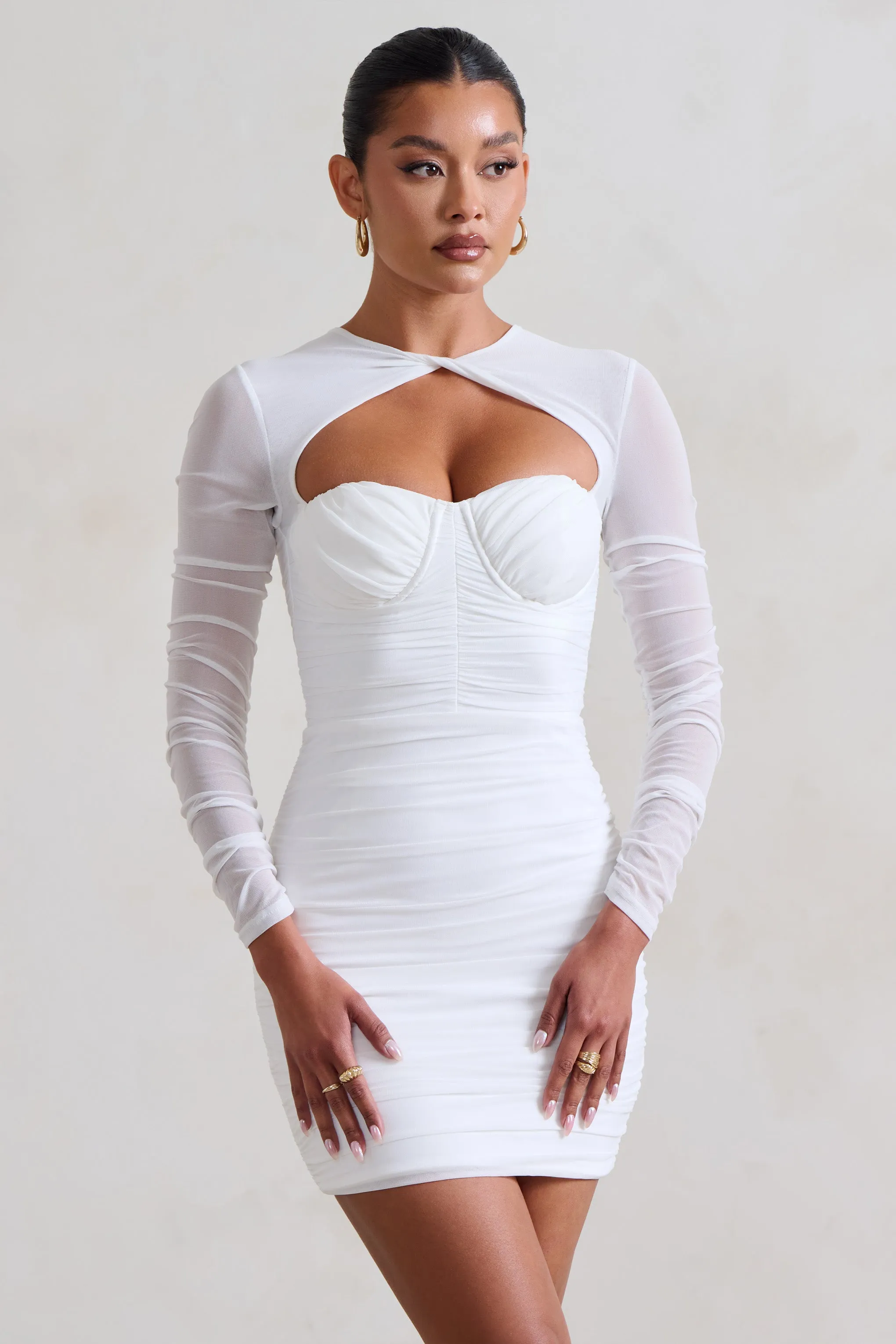 Daiquiri | White Ruched Cut Out Mesh Mini Dress With Long Sleeves Club L London