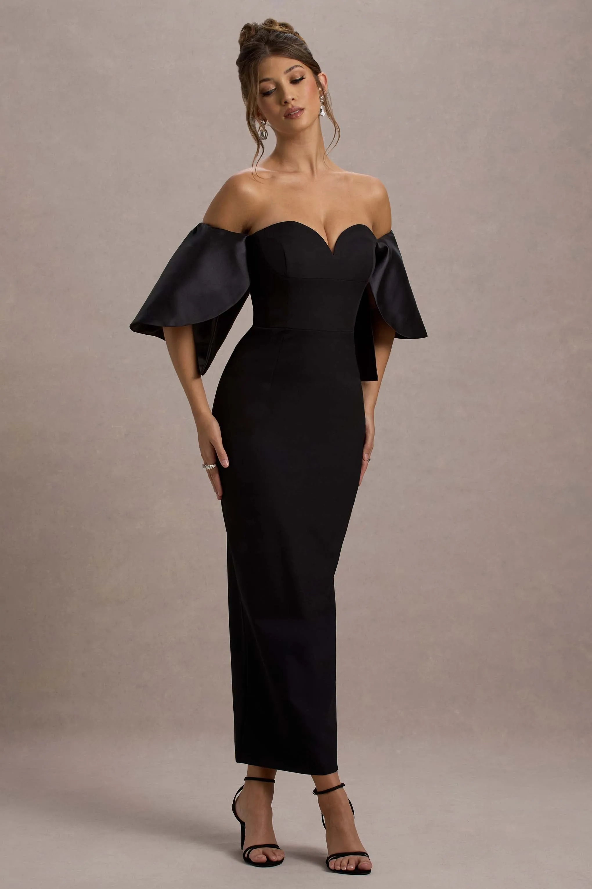 Dalani | Black Corset Maxi Dress With Satin Puff Sleeves Club L London