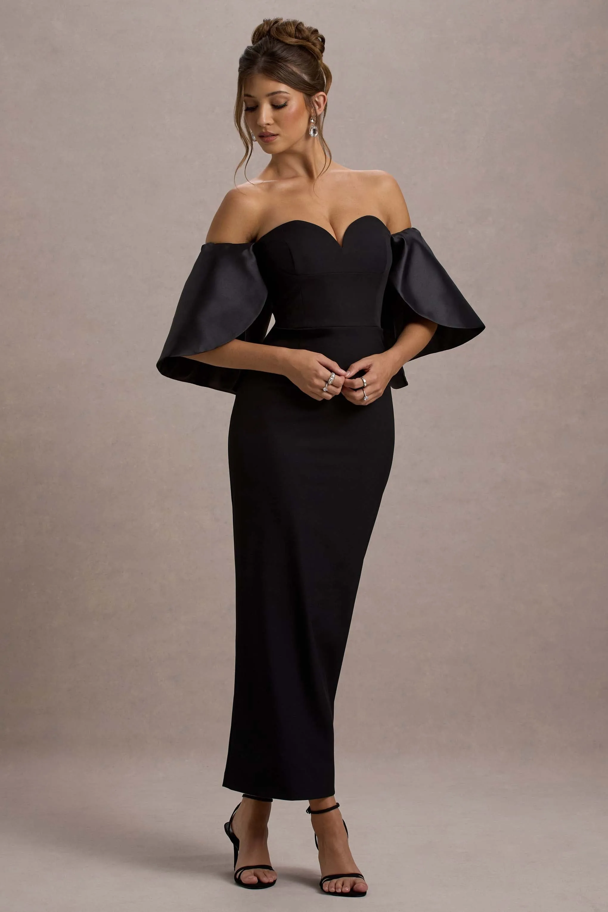 Dalani | Black Corset Maxi Dress With Satin Puff Sleeves Club L London