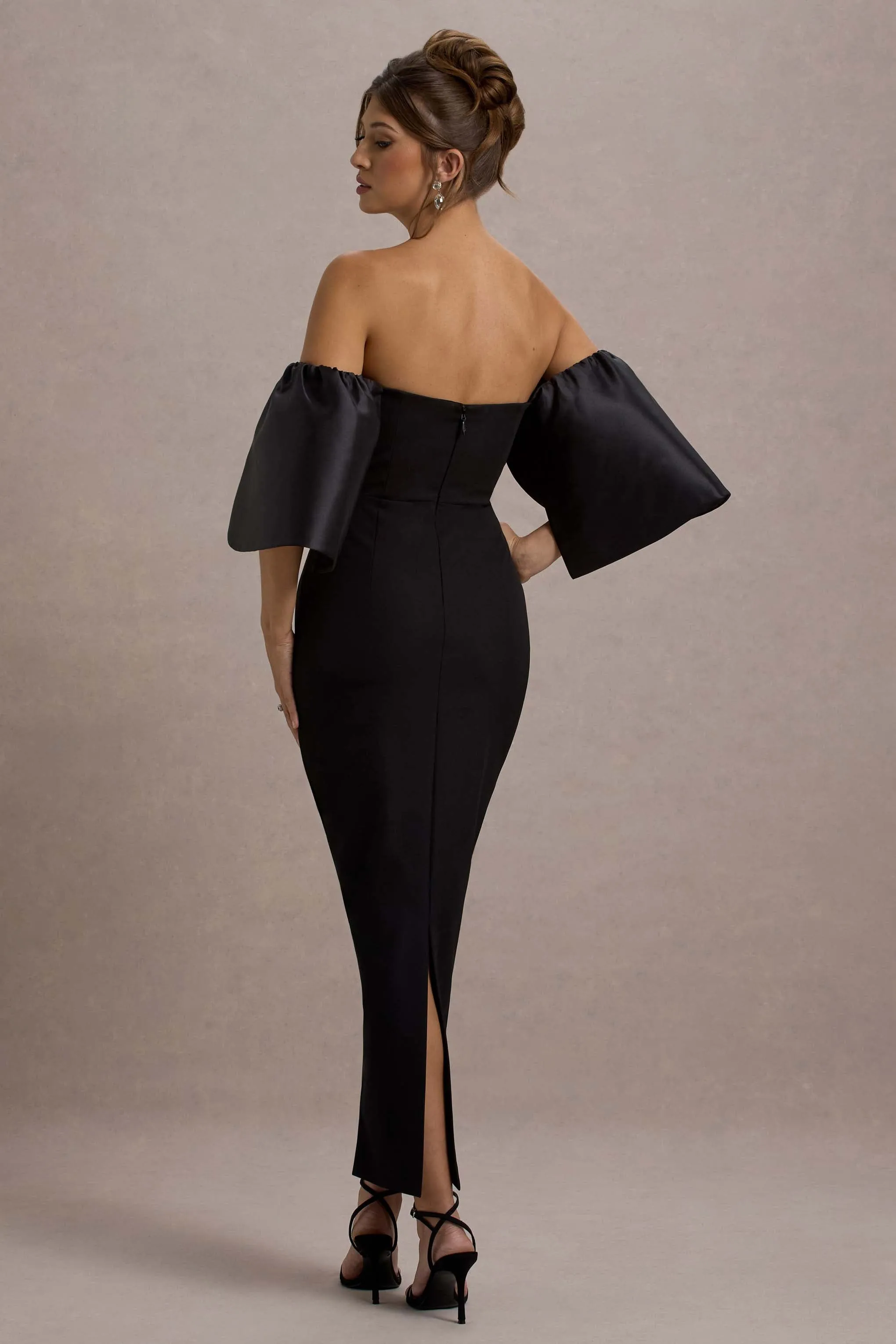 Dalani | Black Corset Maxi Dress With Satin Puff Sleeves Club L London