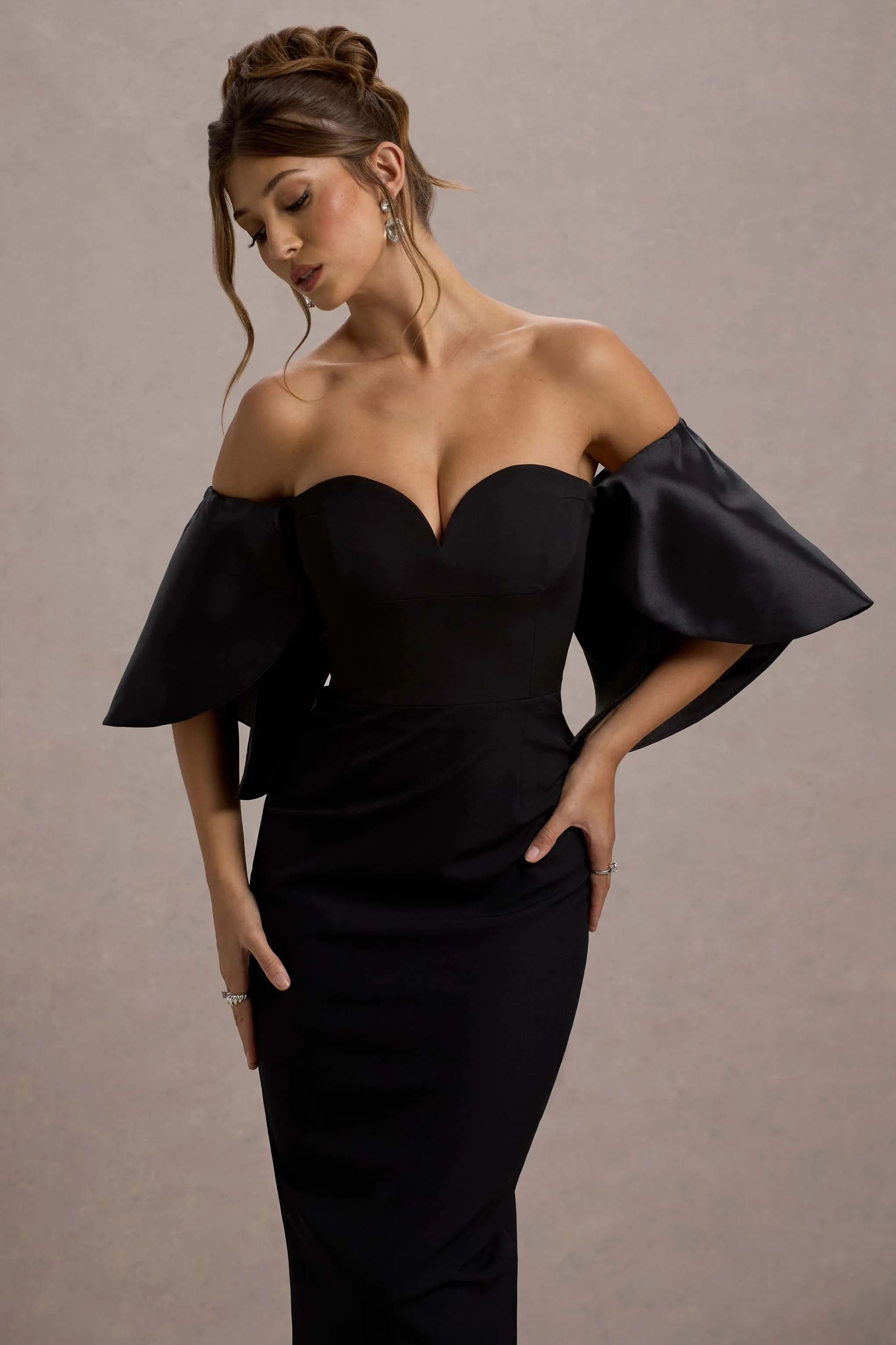 Dalani | Black Corset Maxi Dress With Satin Puff Sleeves Club L London